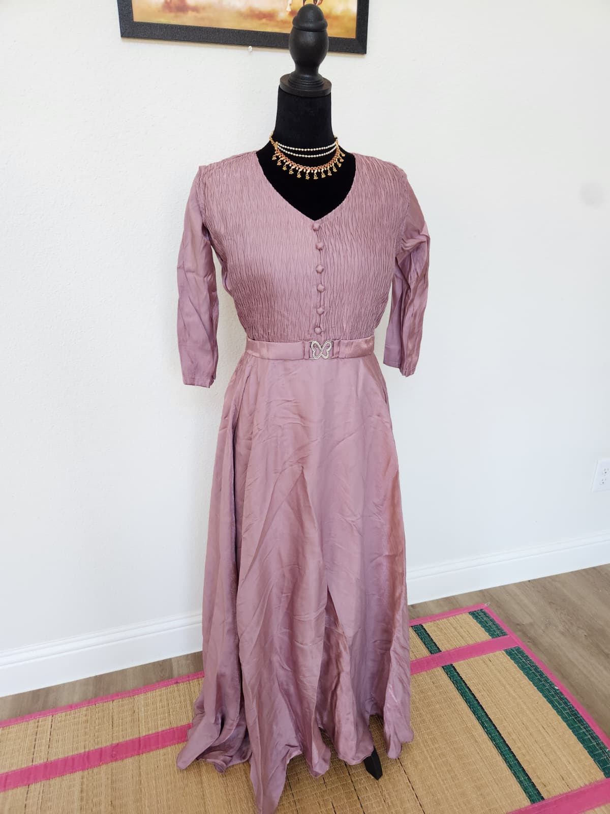 Dusty Mauve Pink Tissue Silk V-Neck Gown with Belt