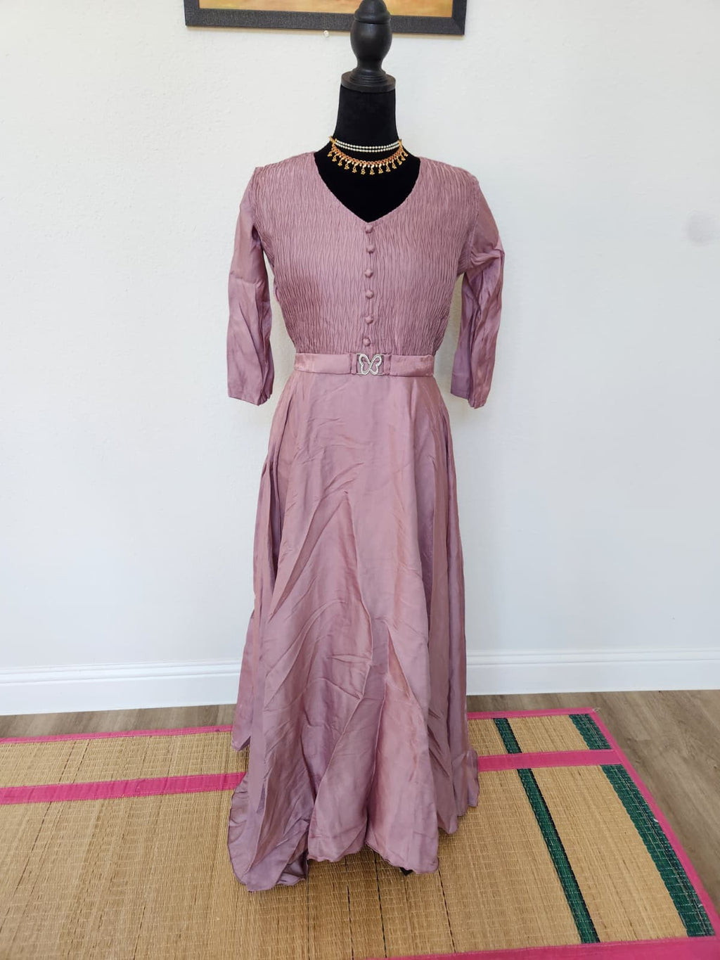Dusty Mauve Pink Tissue Silk V-Neck Gown with Belt