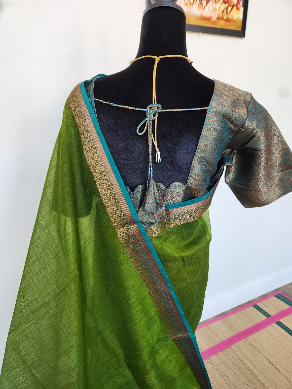 Green Handloom Jute Saree Set with Peacock Blue Border