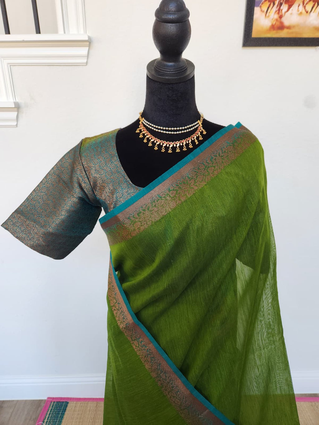 Green Handloom Jute Saree Set with Peacock Blue Border