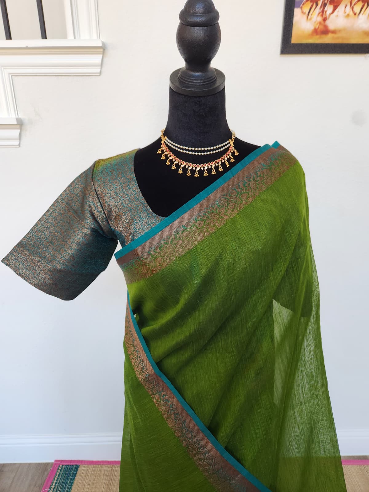 Green Handloom Jute Saree Set with Peacock Blue Border