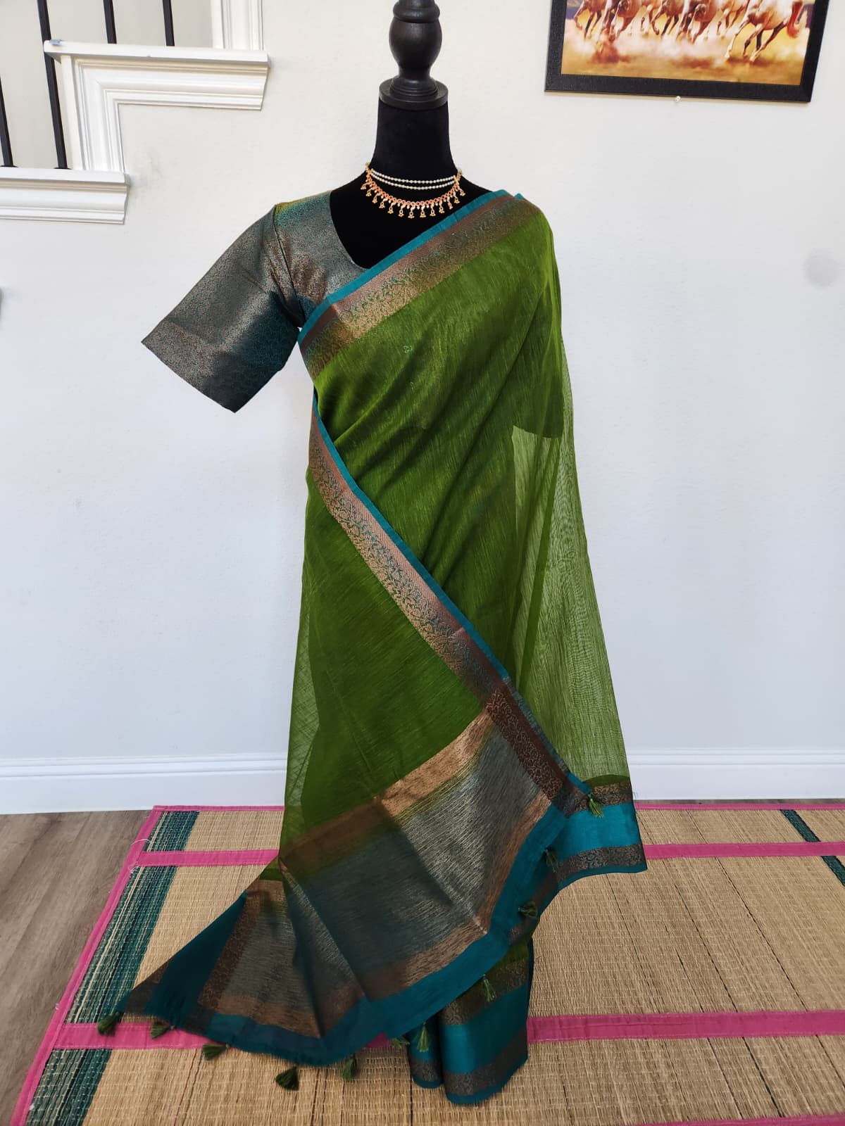 Green Handloom Jute Saree Set with Peacock Blue Border
