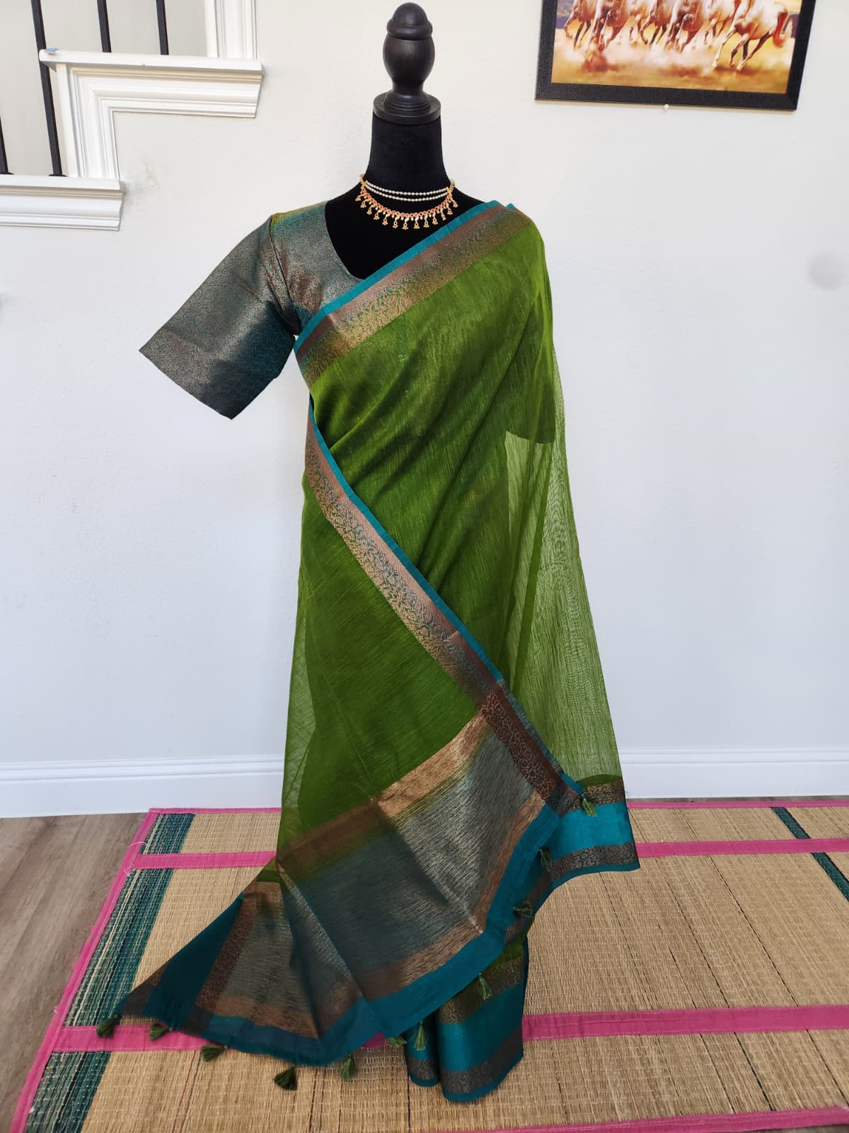 Green Handloom Jute Saree Set with Peacock Blue Border