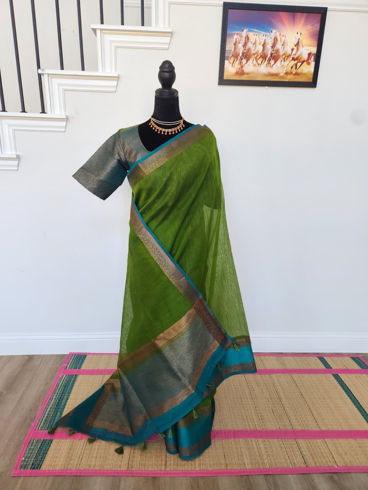 Green Handloom Jute Saree Set with Peacock Blue Border