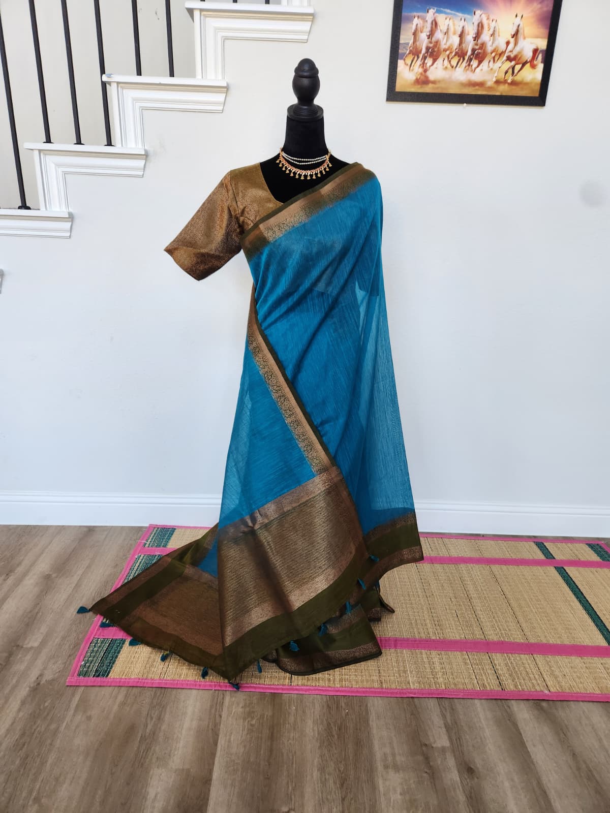 Peacock Blue Handloom Jute Saree Set with Olive Green Border