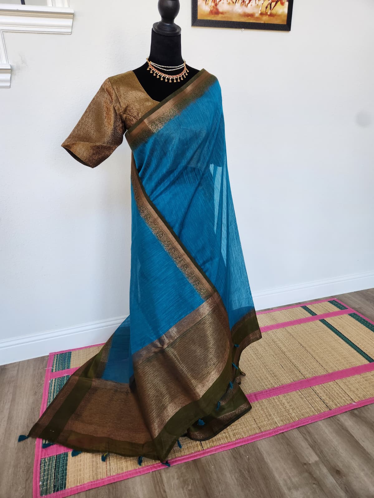 Peacock Blue Handloom Jute Saree Set with Olive Green Border
