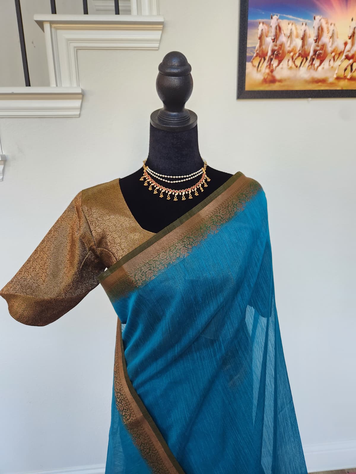 Peacock Blue Handloom Jute Saree Set with Olive Green Border
