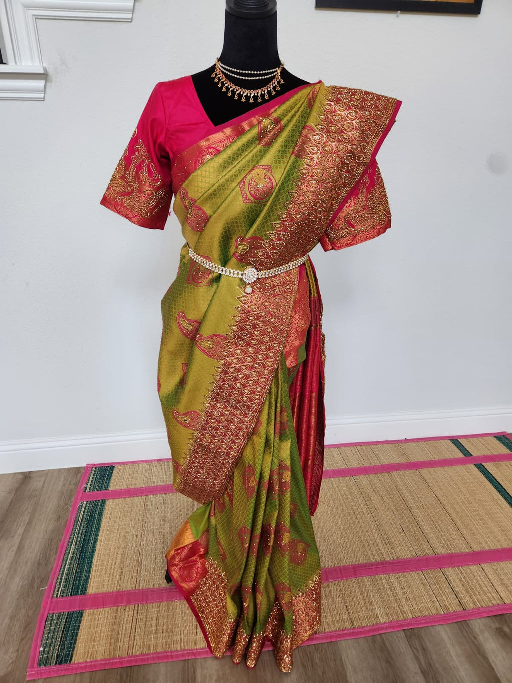 Olive/Mehendi green with a bright Rani pink - Premium Kanchi Silk Saree with Hand Zardosi Work