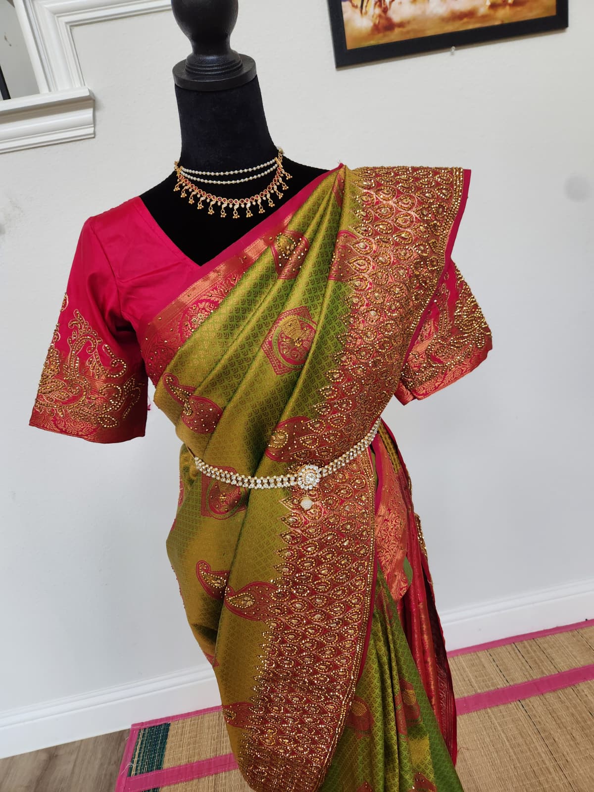 Olive/Mehendi green with a bright Rani pink - Premium Kanchi Silk Saree with Hand Zardosi Work