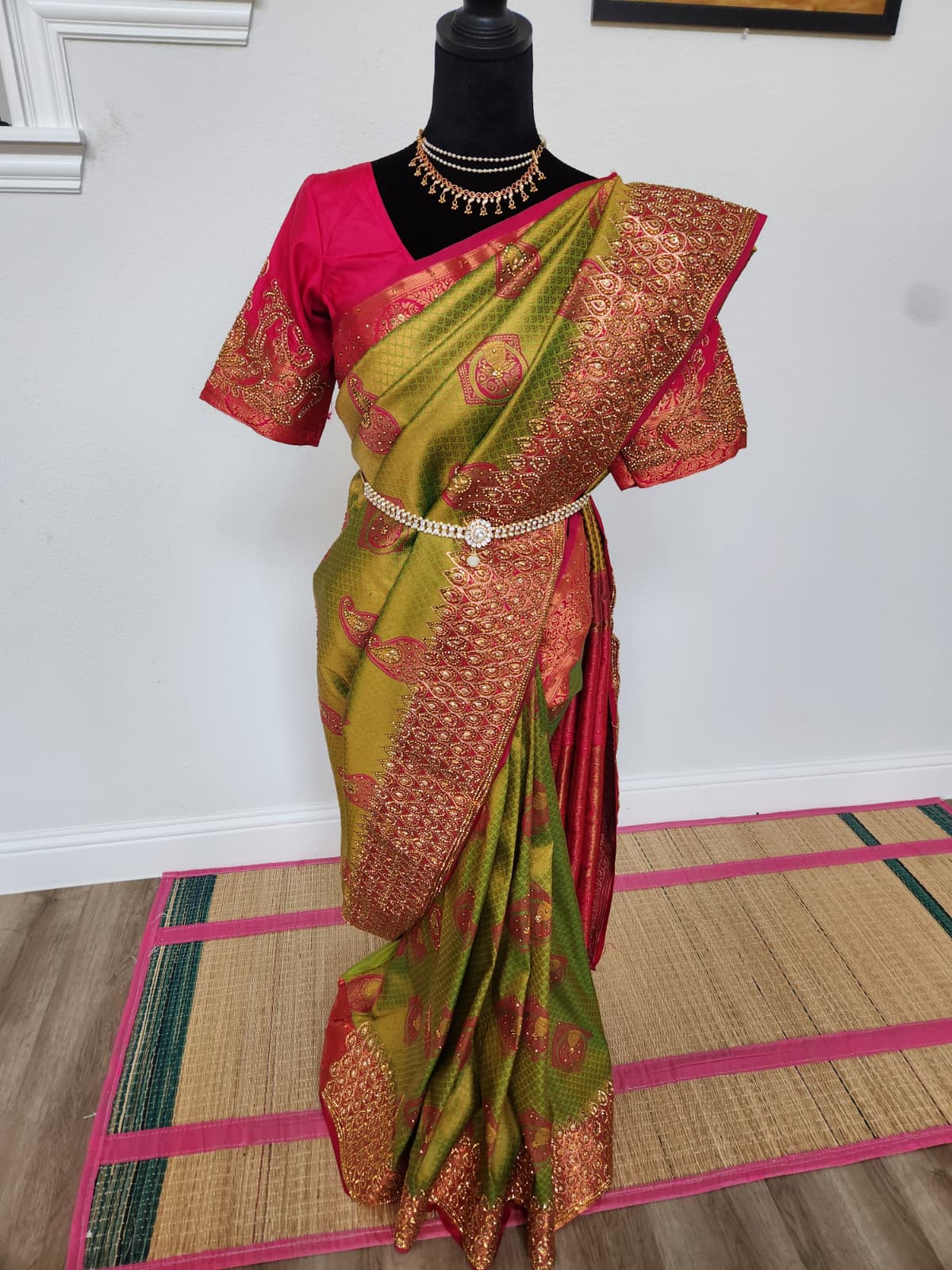Olive/Mehendi green with a bright Rani pink - Premium Kanchi Silk Saree with Hand Zardosi Work