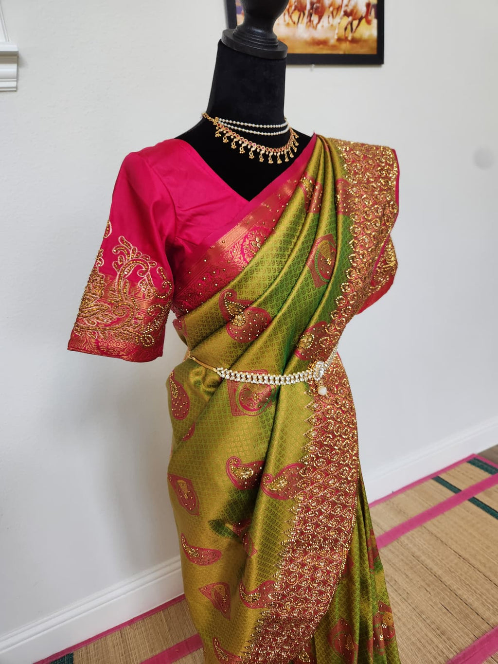 Olive/Mehendi green with a bright Rani pink - Premium Kanchi Silk Saree with Hand Zardosi Work