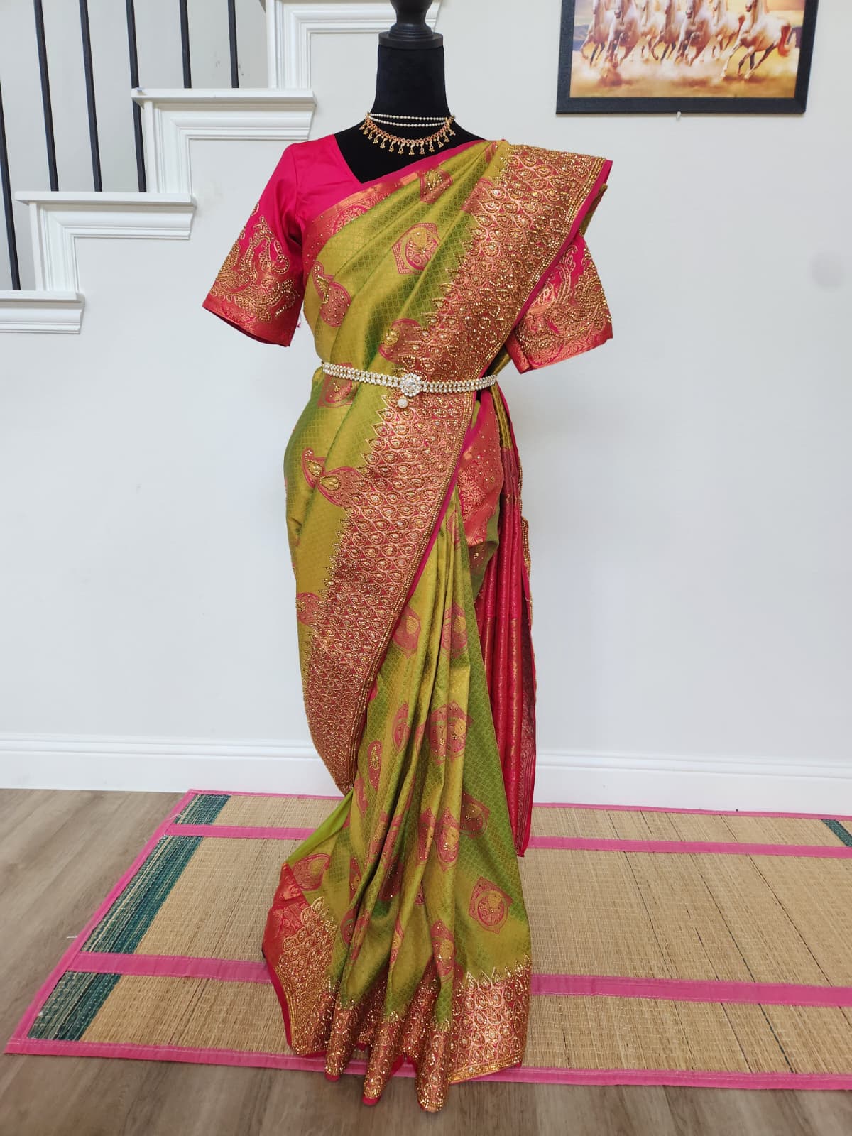 Olive/Mehendi green with a bright Rani pink - Premium Kanchi Silk Saree with Hand Zardosi Work