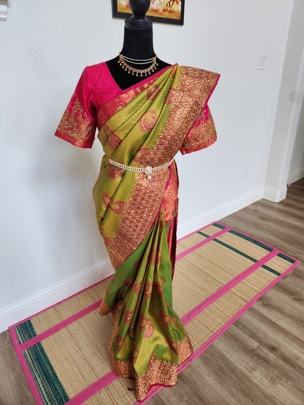 Olive/Mehendi green with a bright Rani pink - Premium Kanchi Silk Saree with Hand Zardosi Work