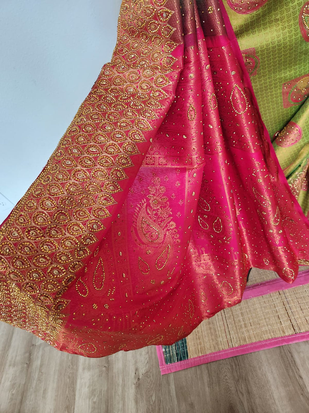 Olive/Mehendi green with a bright Rani pink - Premium Kanchi Silk Saree with Hand Zardosi Work