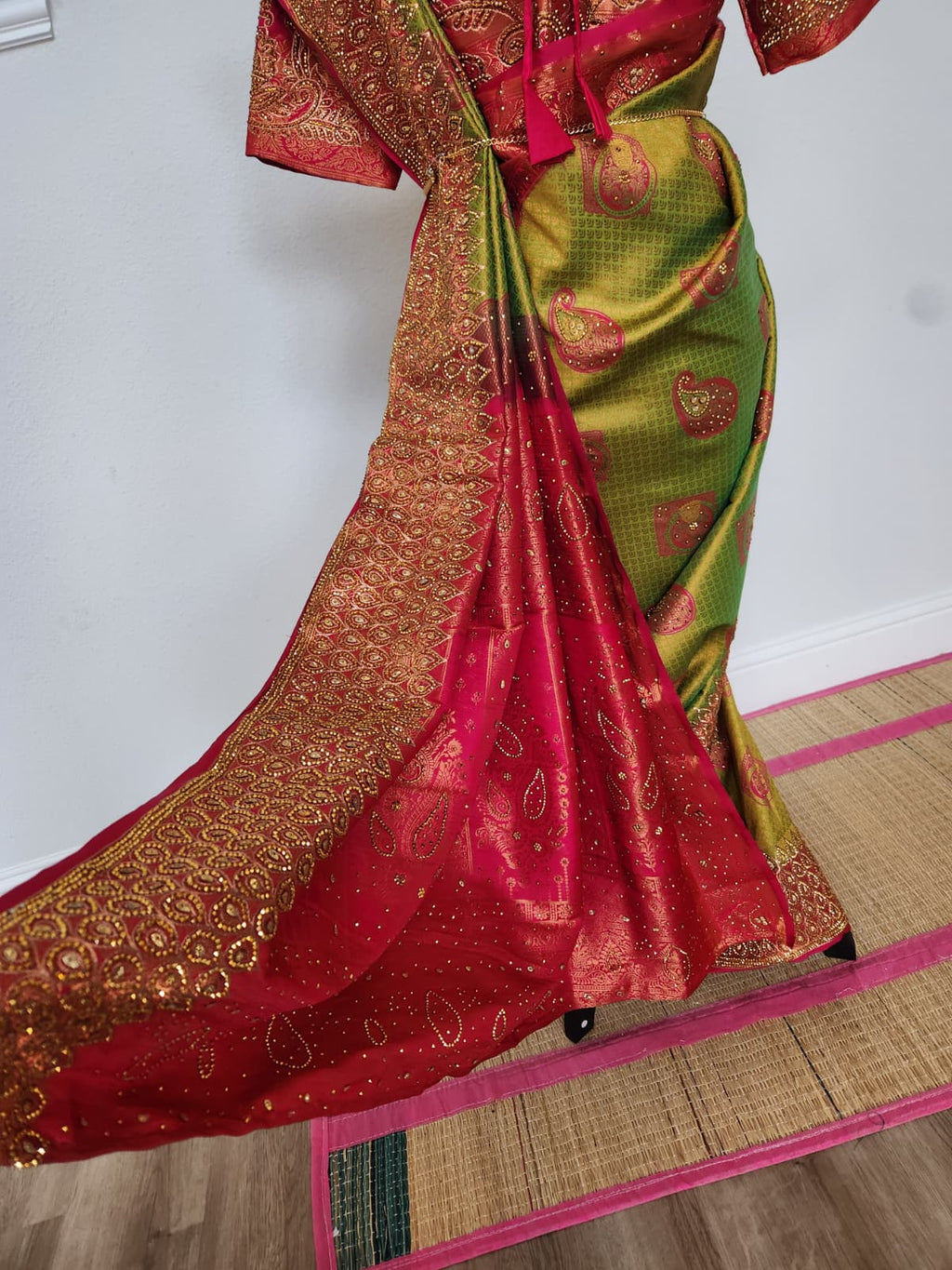 Olive/Mehendi green with a bright Rani pink - Premium Kanchi Silk Saree with Hand Zardosi Work