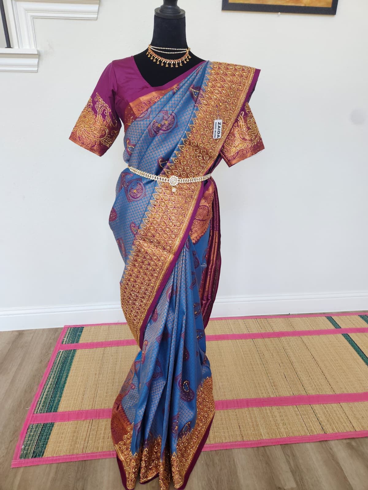 Peacock Blue with a Deep Wine - Premium Kanchi Silk Saree with Hand Zardosi Work