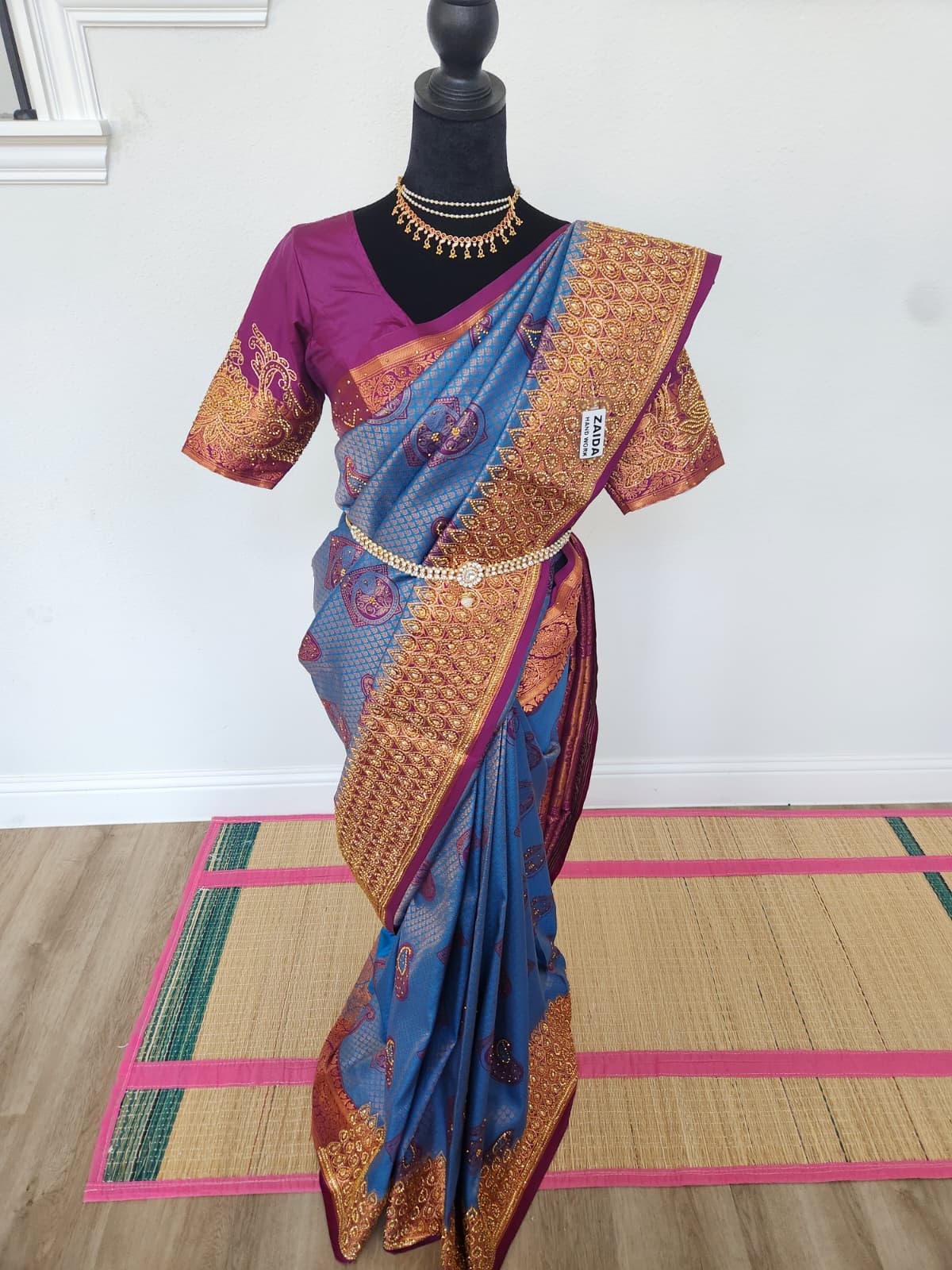 Peacock Blue with a Deep Wine - Premium Kanchi Silk Saree with Hand Zardosi Work