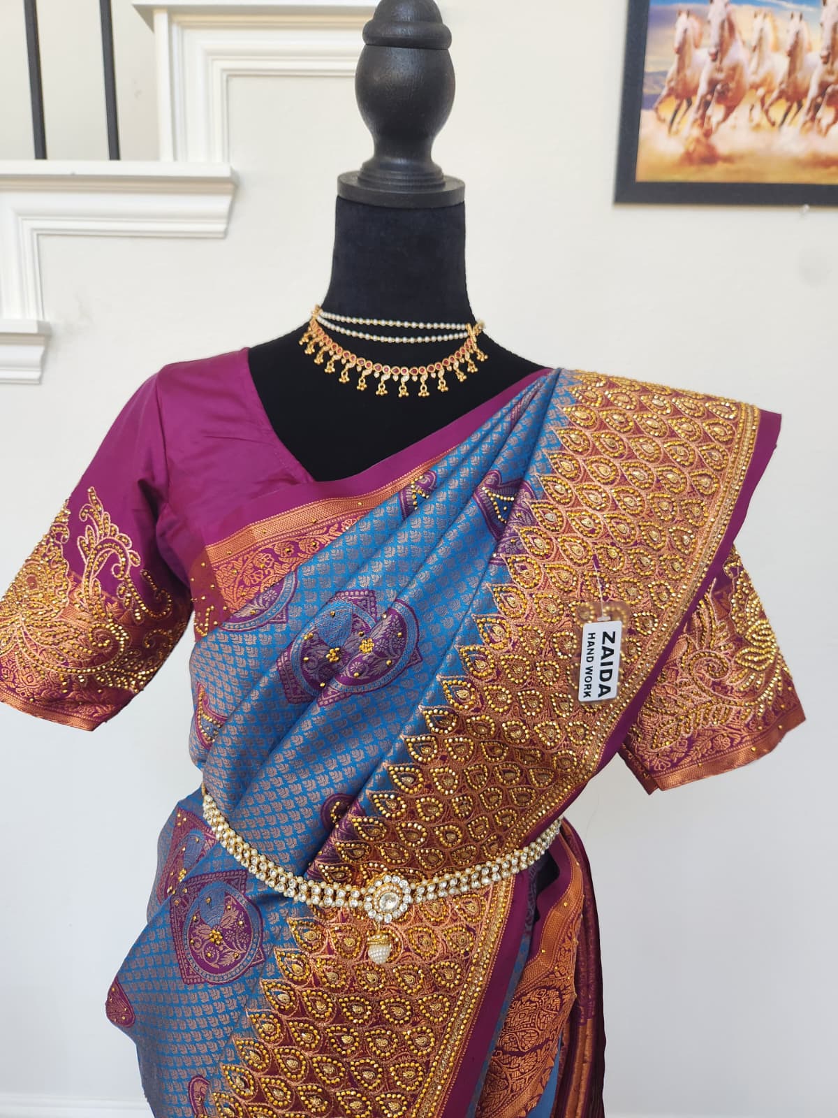 Peacock Blue with a Deep Wine - Premium Kanchi Silk Saree with Hand Zardosi Work