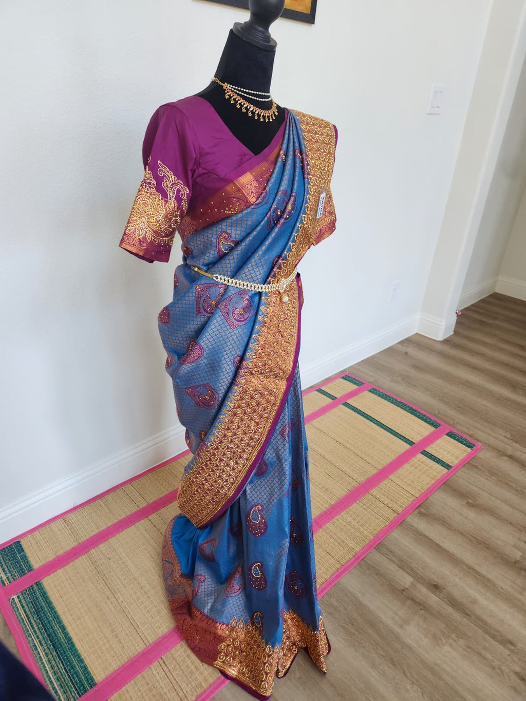 Peacock Blue with a Deep Wine - Premium Kanchi Silk Saree with Hand Zardosi Work