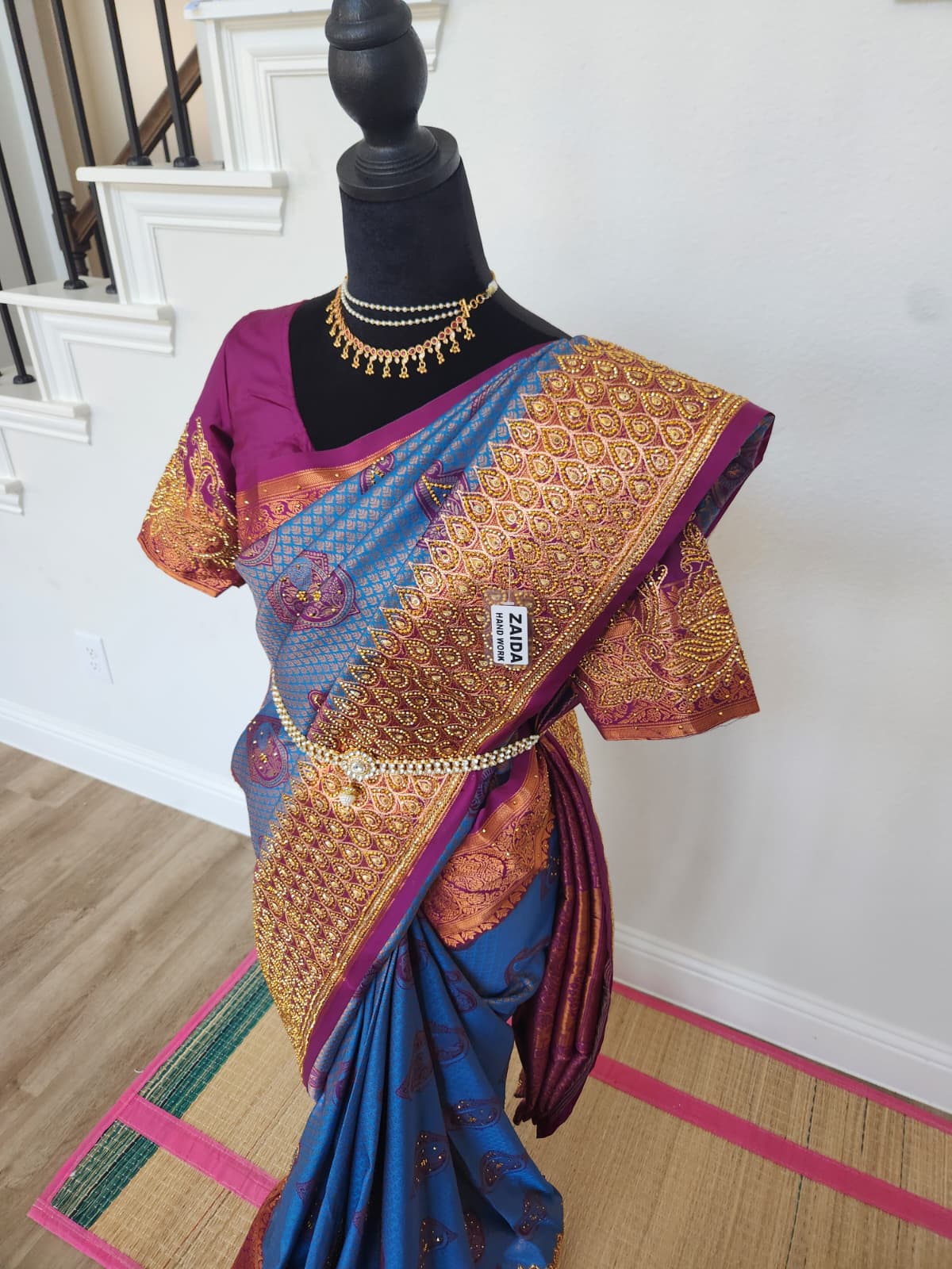Peacock Blue with a Deep Wine - Premium Kanchi Silk Saree with Hand Zardosi Work