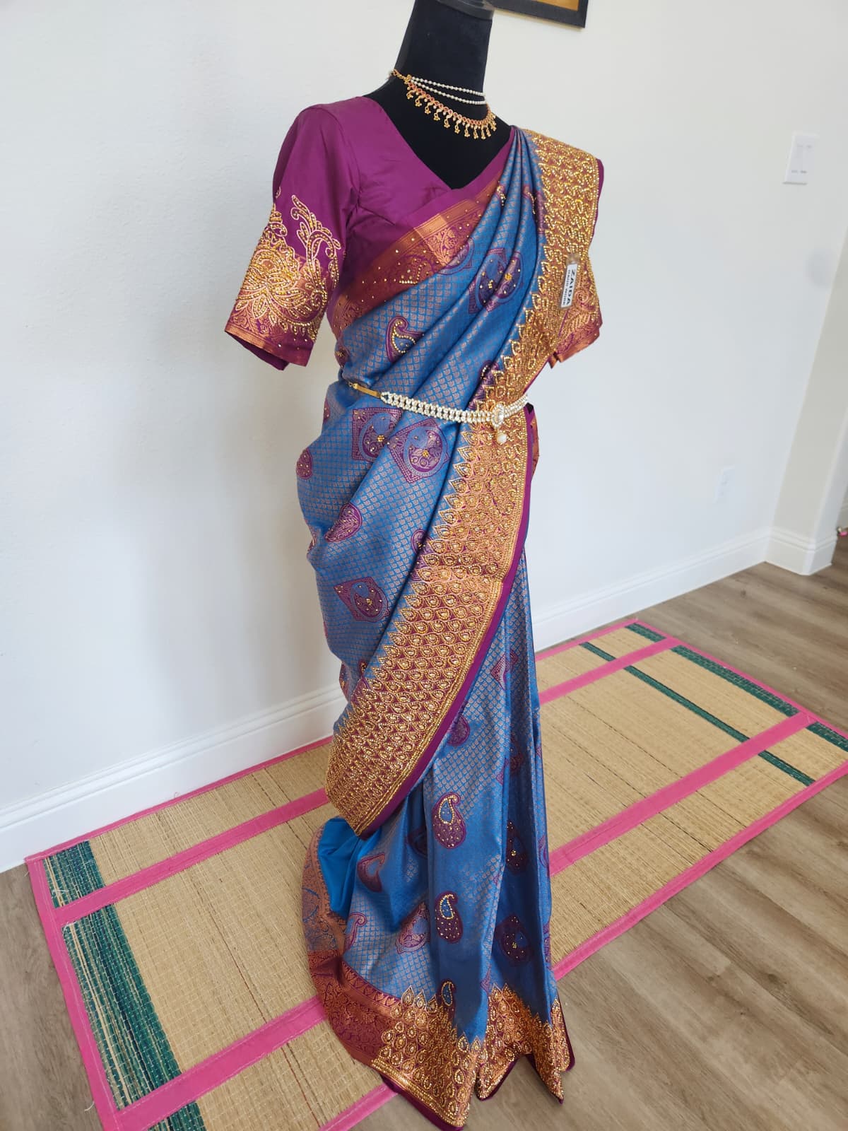 Peacock Blue with a Deep Wine - Premium Kanchi Silk Saree with Hand Zardosi Work