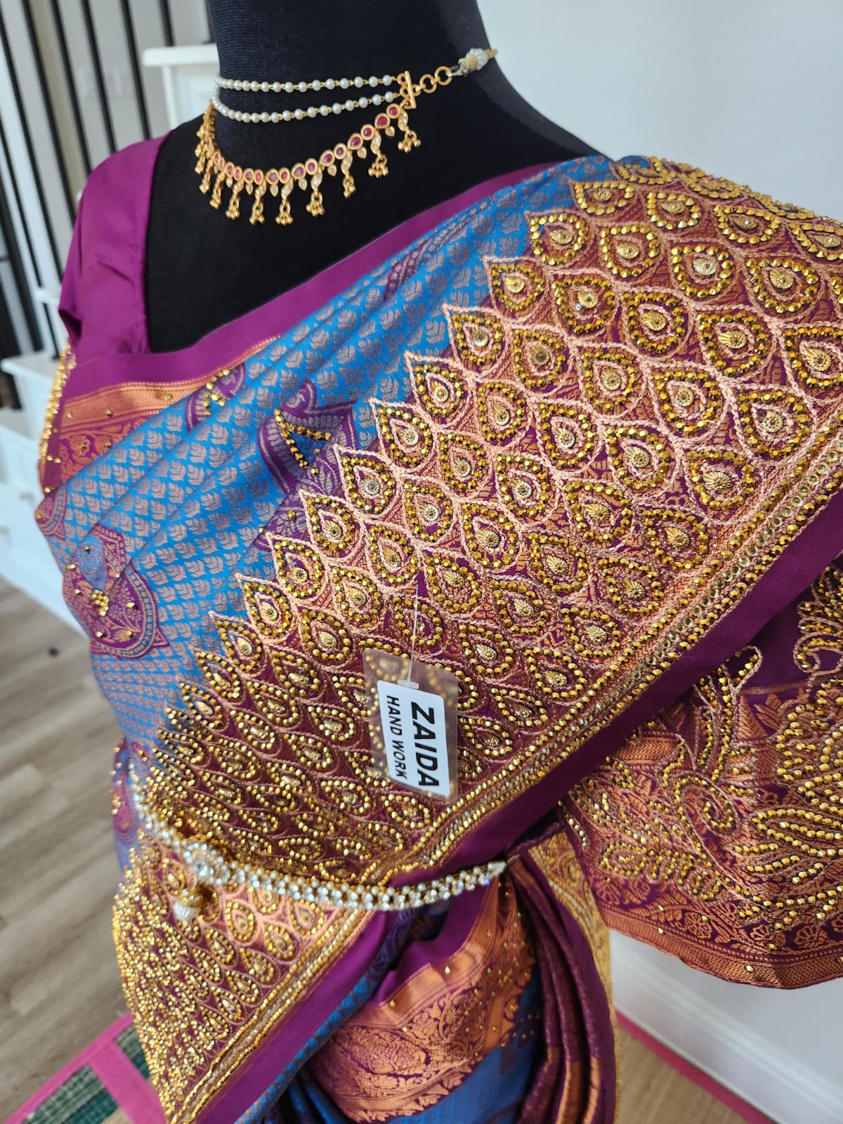 Peacock Blue with a Deep Wine - Premium Kanchi Silk Saree with Hand Zardosi Work