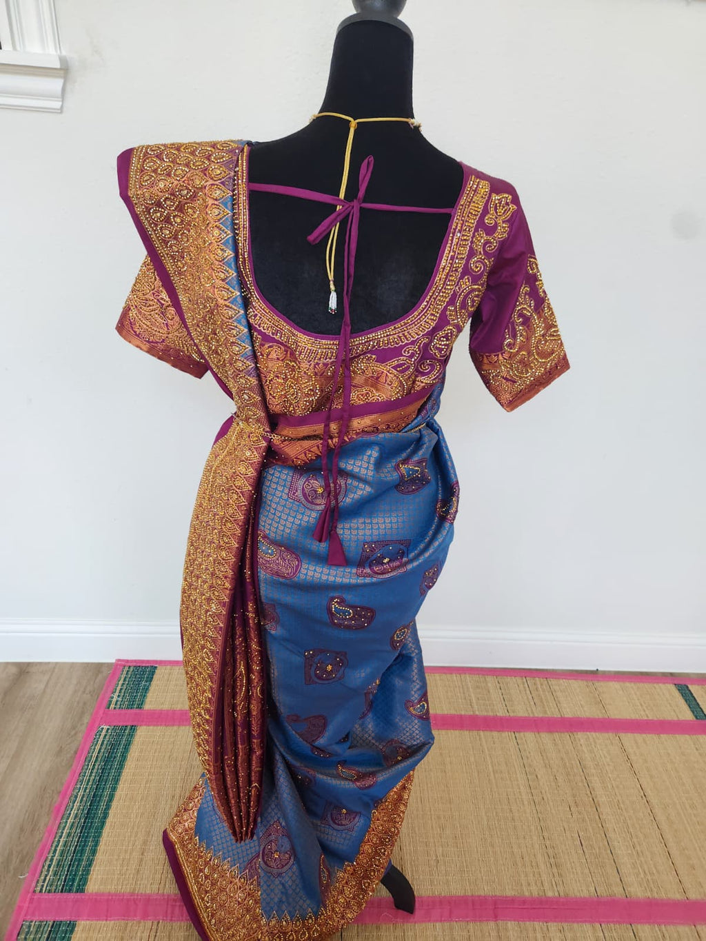 Peacock Blue with a Deep Wine - Premium Kanchi Silk Saree with Hand Zardosi Work