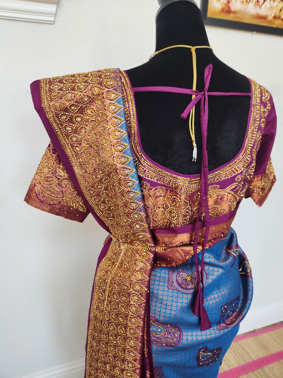 Peacock Blue with a Deep Wine - Premium Kanchi Silk Saree with Hand Zardosi Work