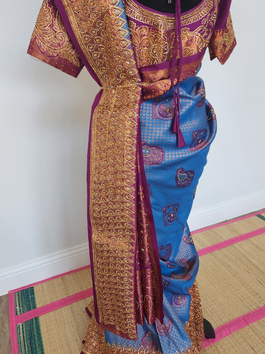 Peacock Blue with a Deep Wine - Premium Kanchi Silk Saree with Hand Zardosi Work