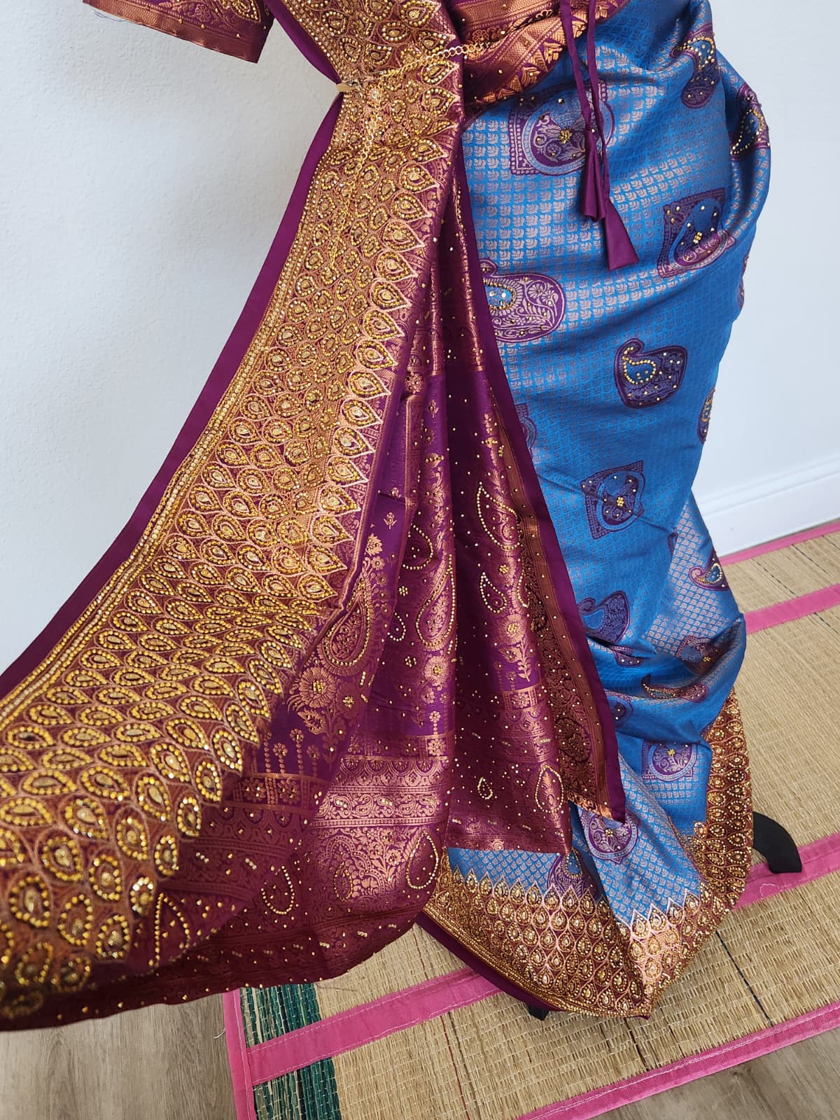 Peacock Blue with a Deep Wine - Premium Kanchi Silk Saree with Hand Zardosi Work