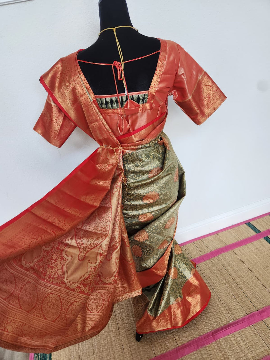 Olive green Premium Kanchipuram Silk Saree with Stitched Blouse