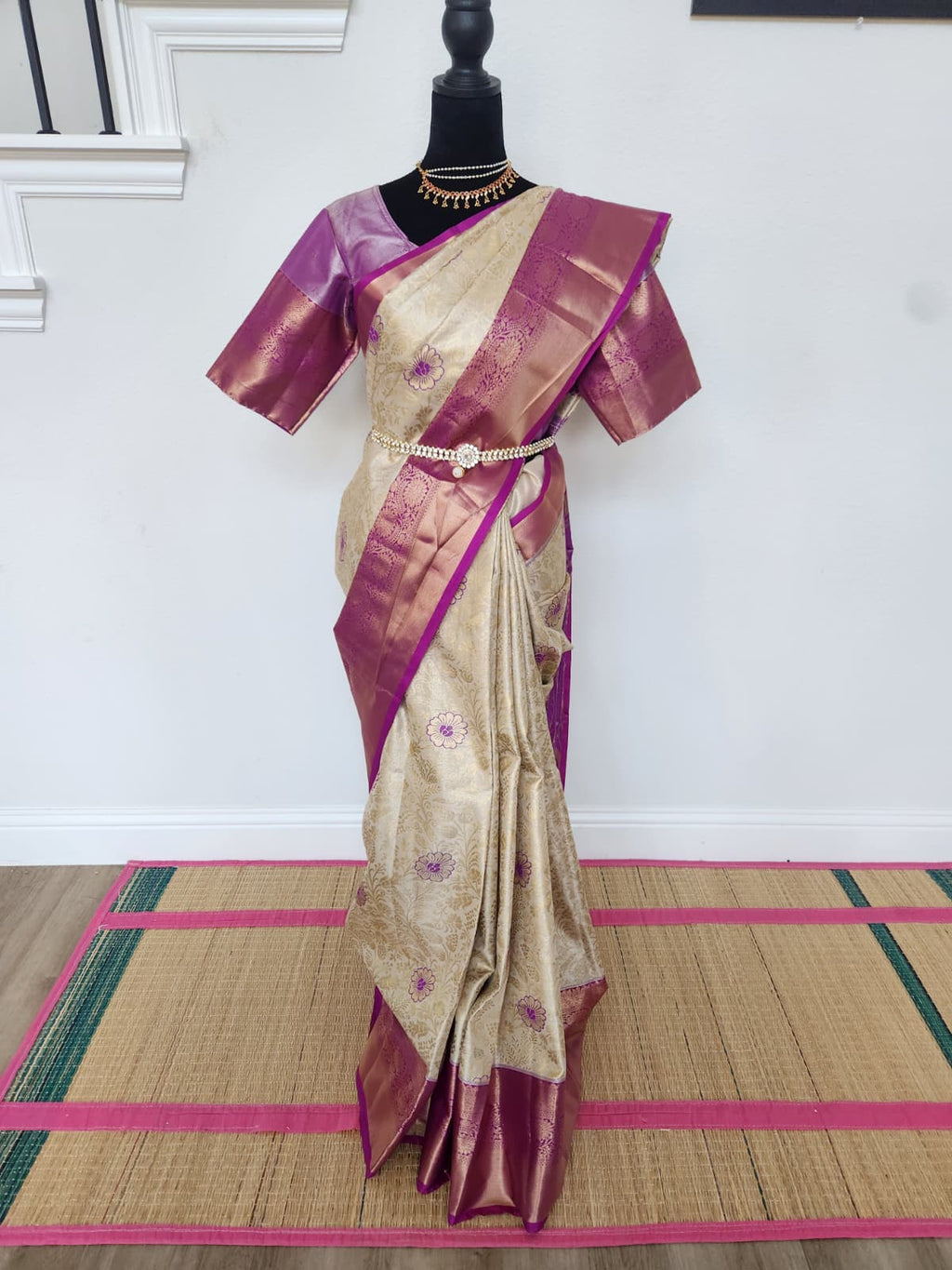 Ivory Gold Kanchipuram Silk Saree with Magenta Zari Border & Floral Motifs | Matching Stitched Blouse