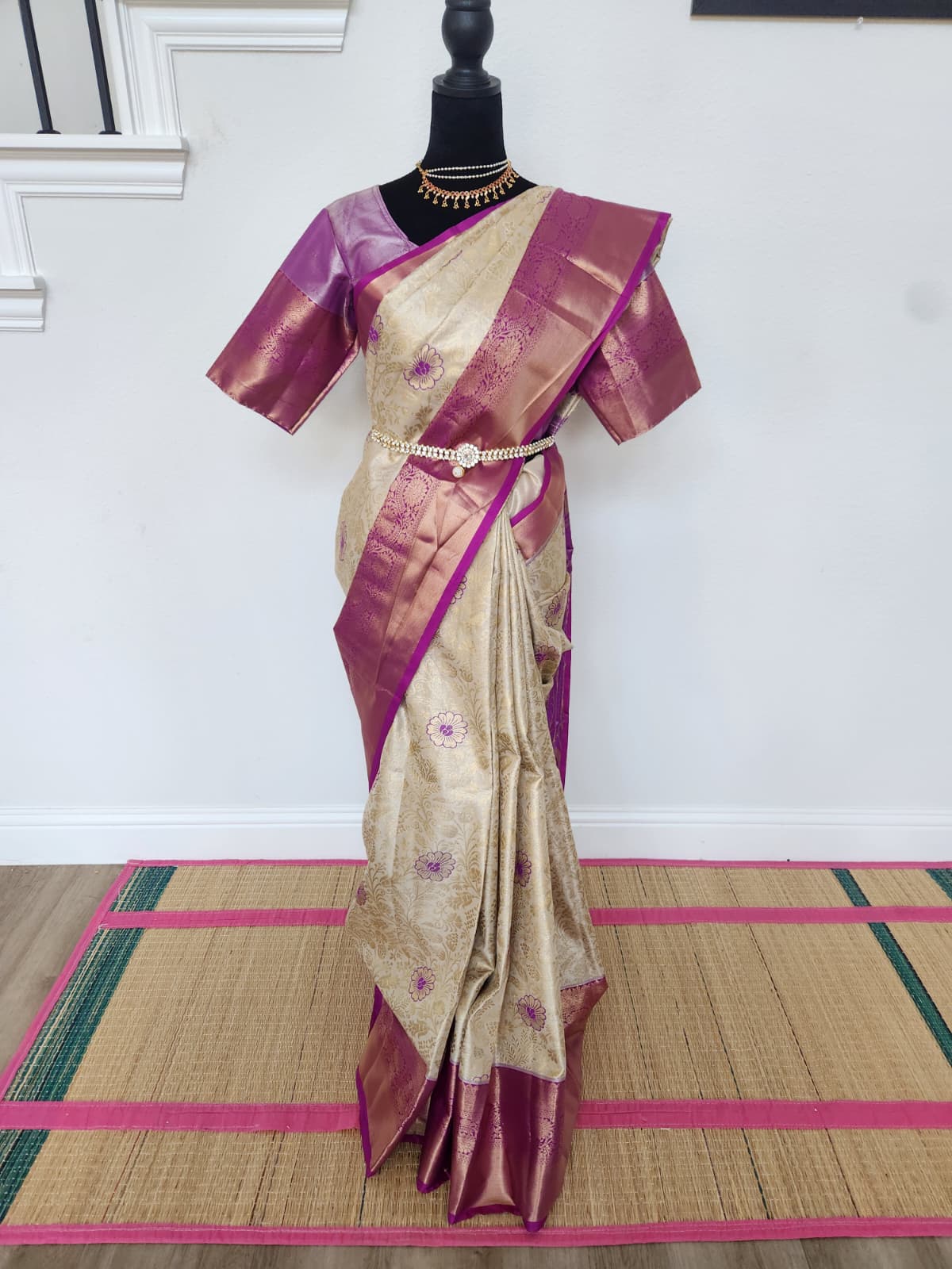 Ivory Gold Kanchipuram Silk Saree with Magenta Zari Border & Floral Motifs | Matching Stitched Blouse