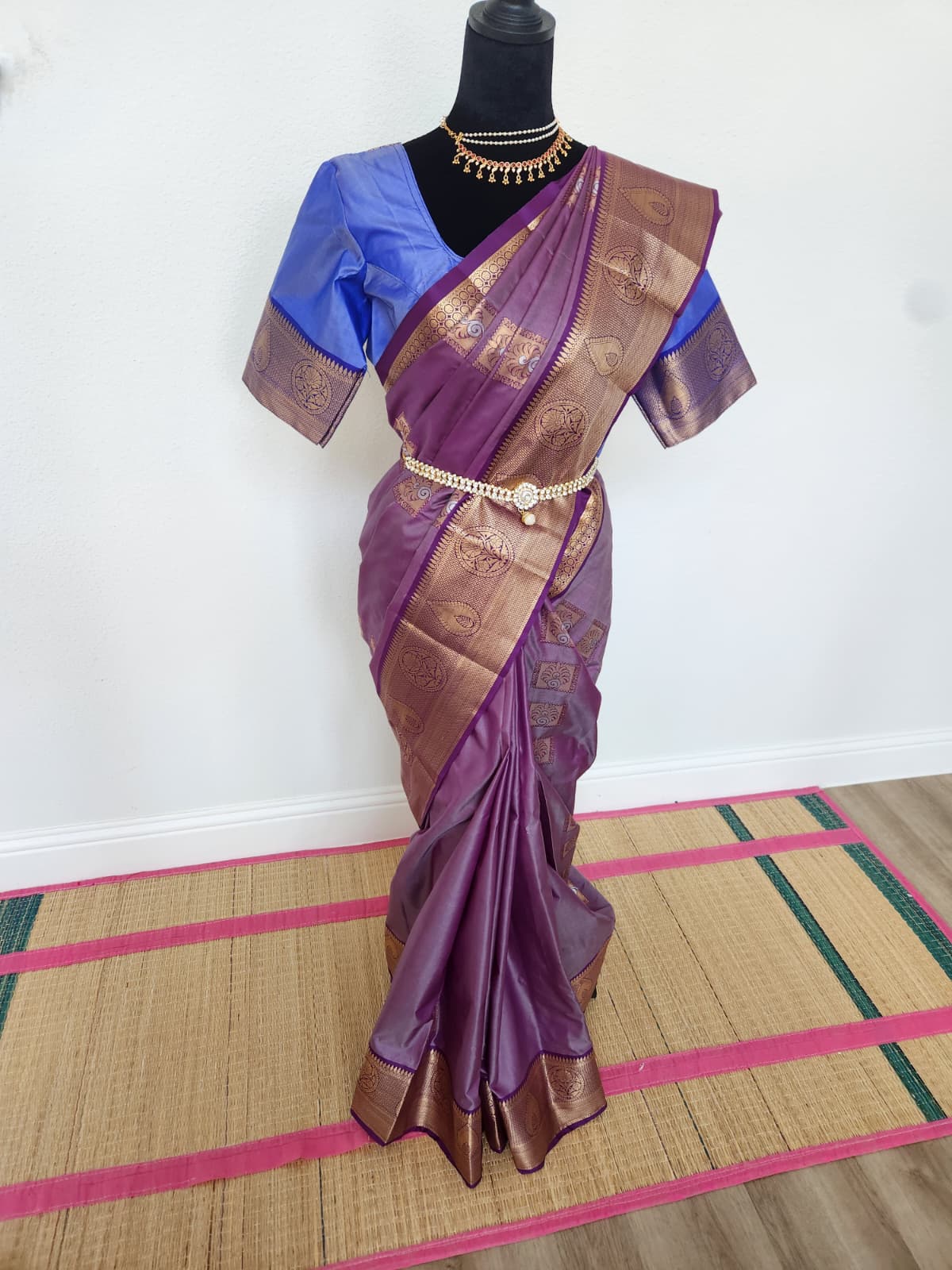Mauve Purple Kanchipuram Silk Saree with Copper Zari Border & Royal Blue Contrast Blouse