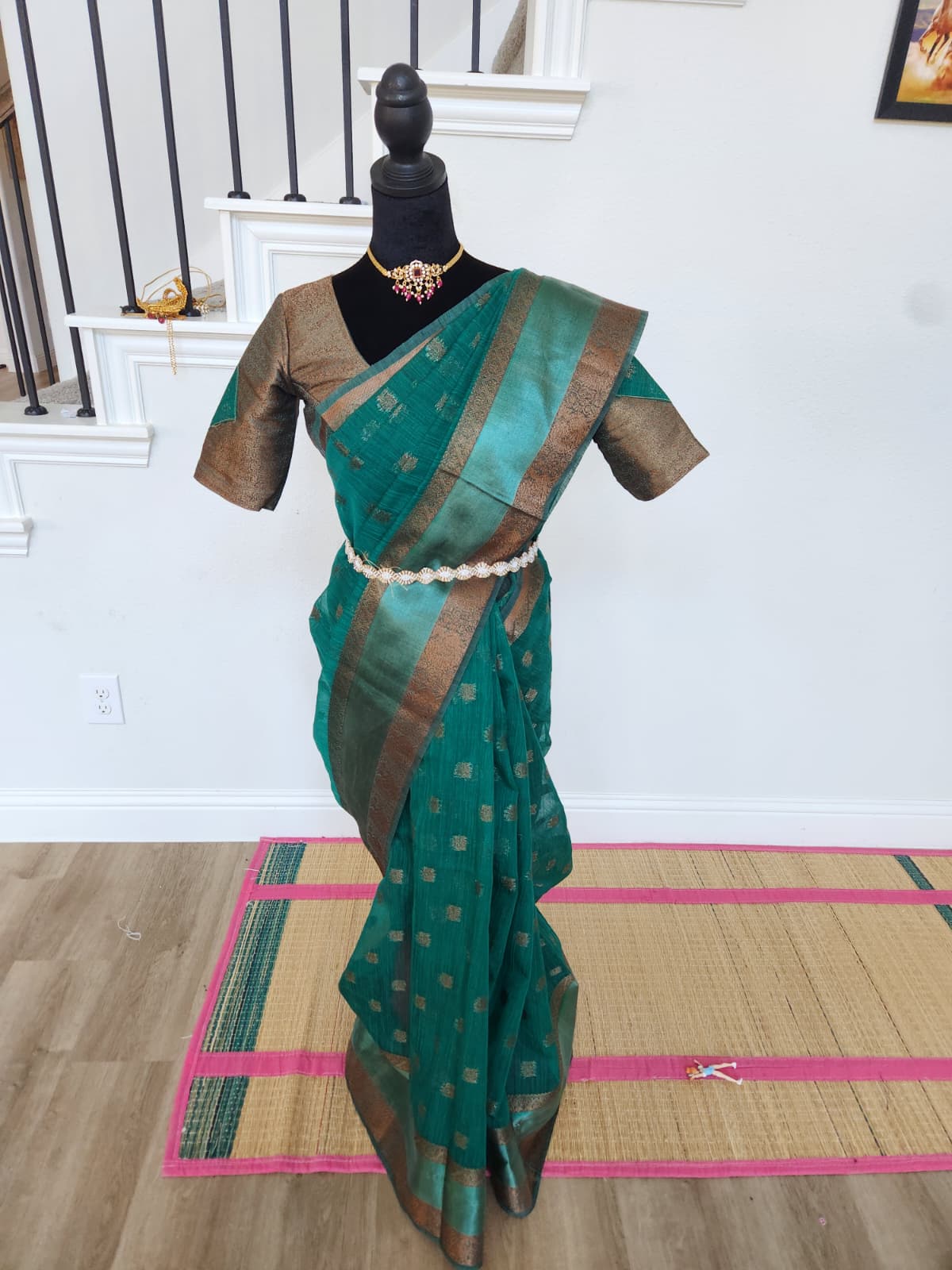 ✨ Premium Jute Banarasi Saree with Gap Border ✨ - Deep Teal/Peacock Green body with subtle antique-gold woven motifs