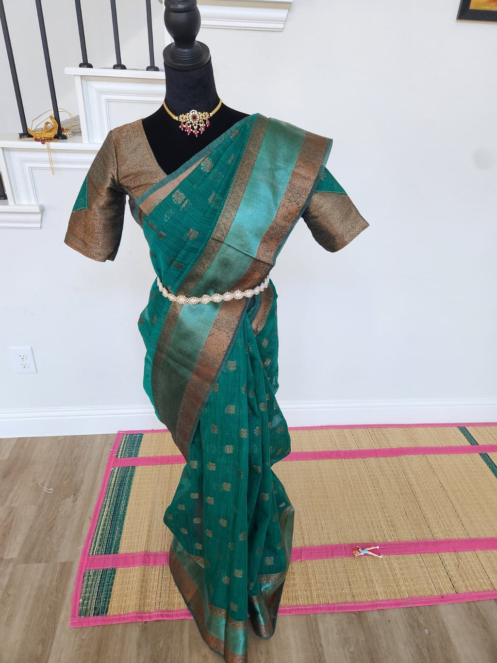 ✨ Premium Jute Banarasi Saree with Gap Border ✨ - Deep Teal/Peacock Green body with subtle antique-gold woven motifs