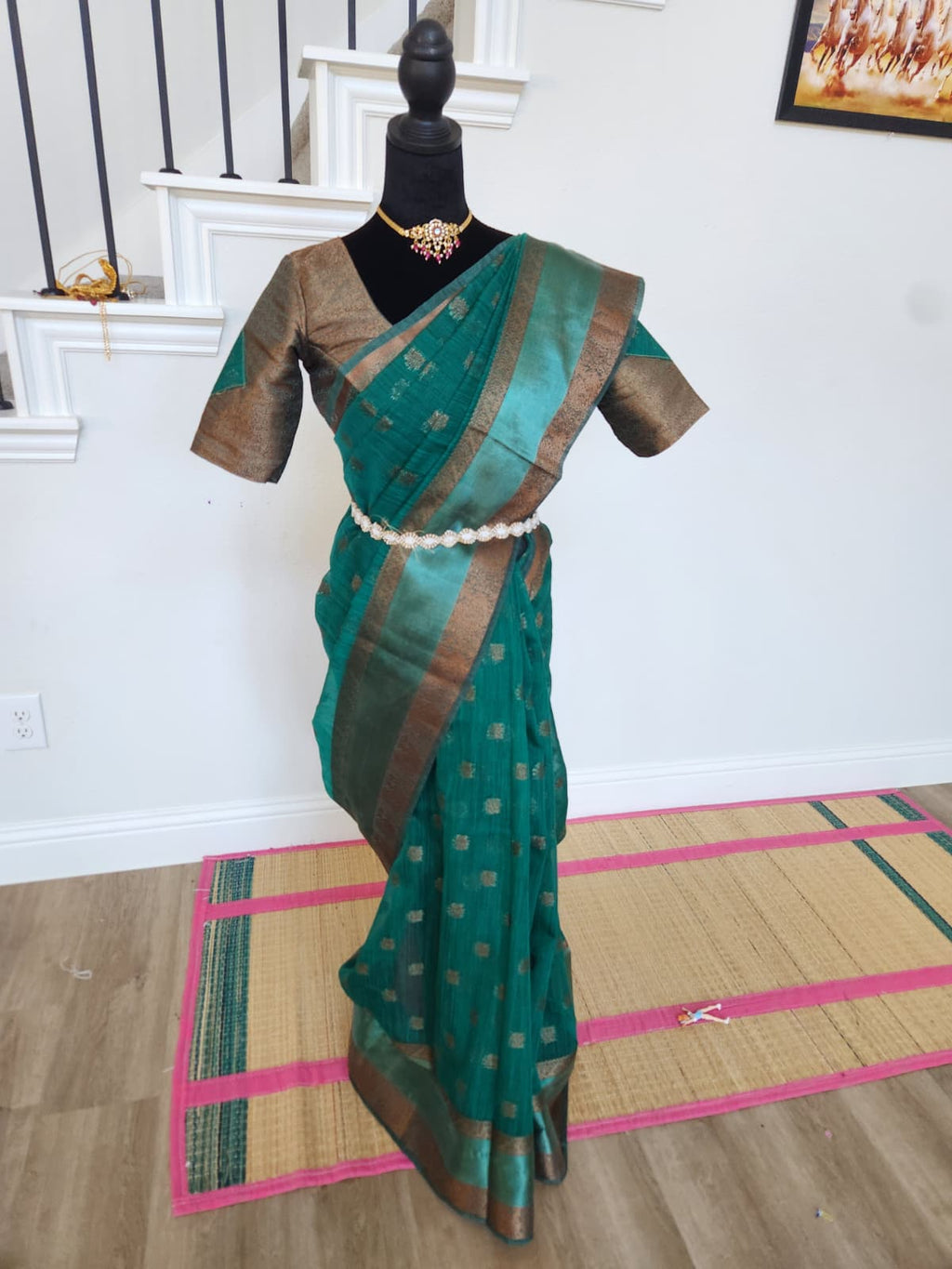 ✨ Premium Jute Banarasi Saree with Gap Border ✨ - Deep Teal/Peacock Green body with subtle antique-gold woven motifs