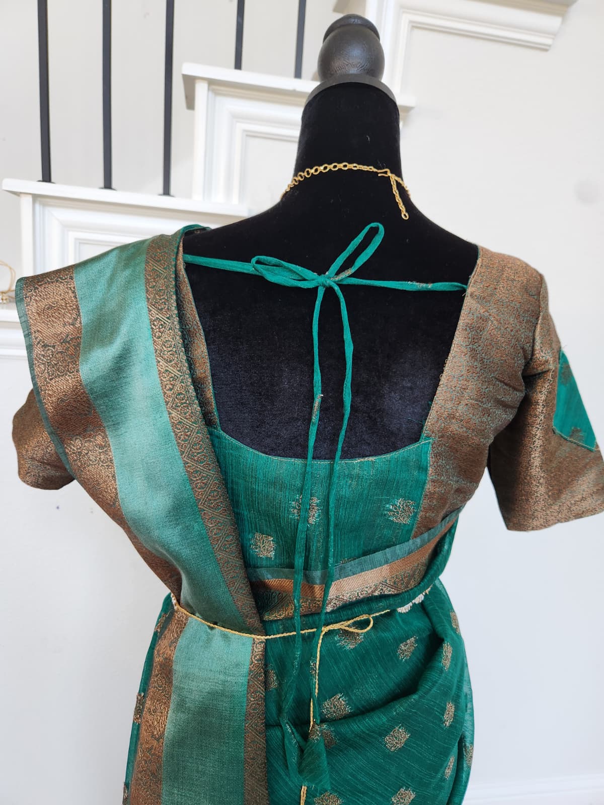 ✨ Premium Jute Banarasi Saree with Gap Border ✨ - Deep Teal/Peacock Green body with subtle antique-gold woven motifs
