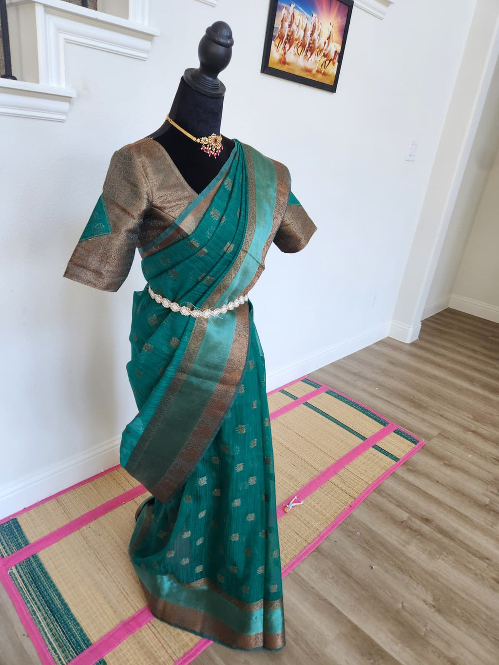 ✨ Premium Jute Banarasi Saree with Gap Border ✨ - Deep Teal/Peacock Green body with subtle antique-gold woven motifs