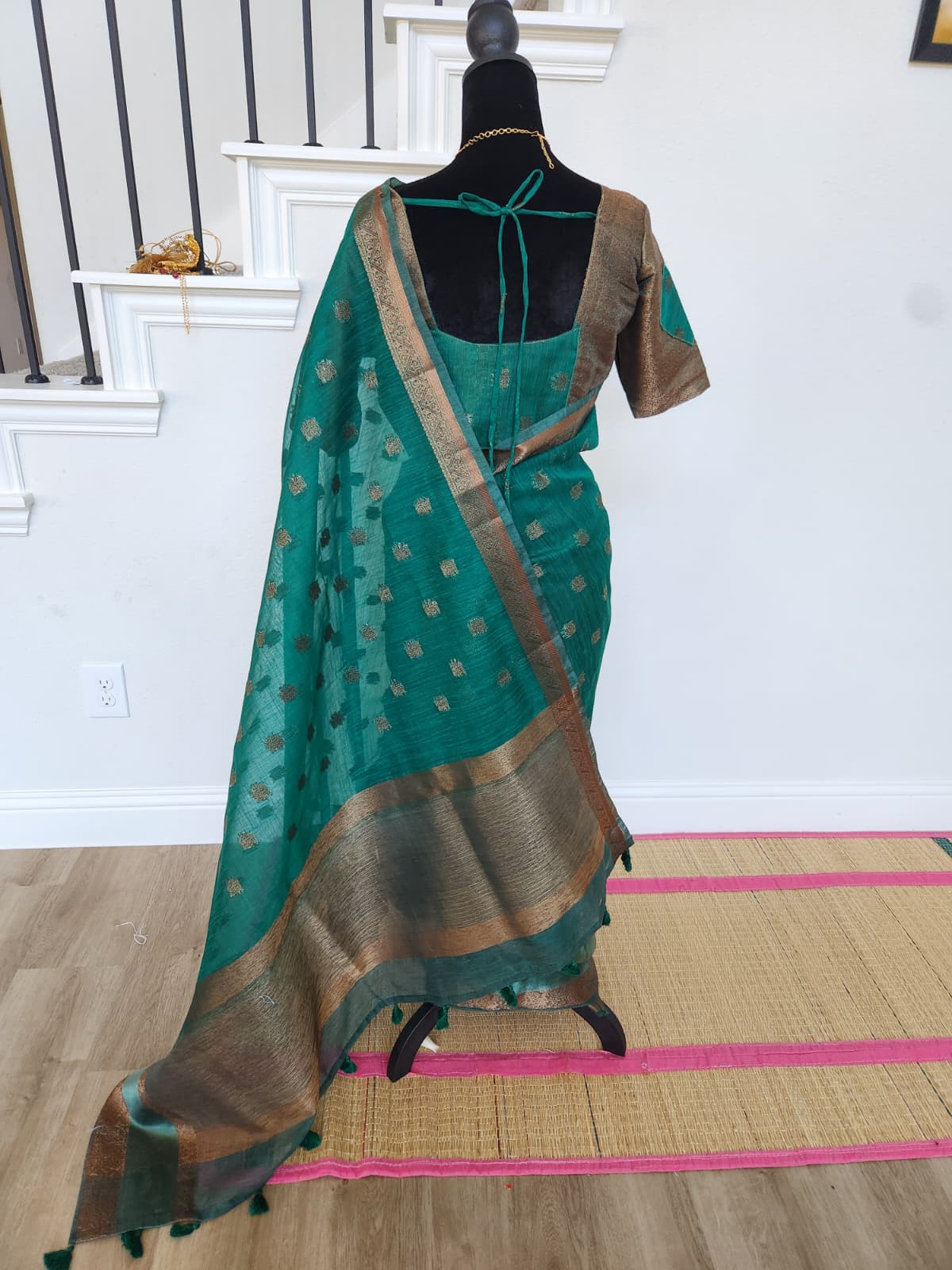 ✨ Premium Jute Banarasi Saree with Gap Border ✨ - Deep Teal/Peacock Green body with subtle antique-gold woven motifs
