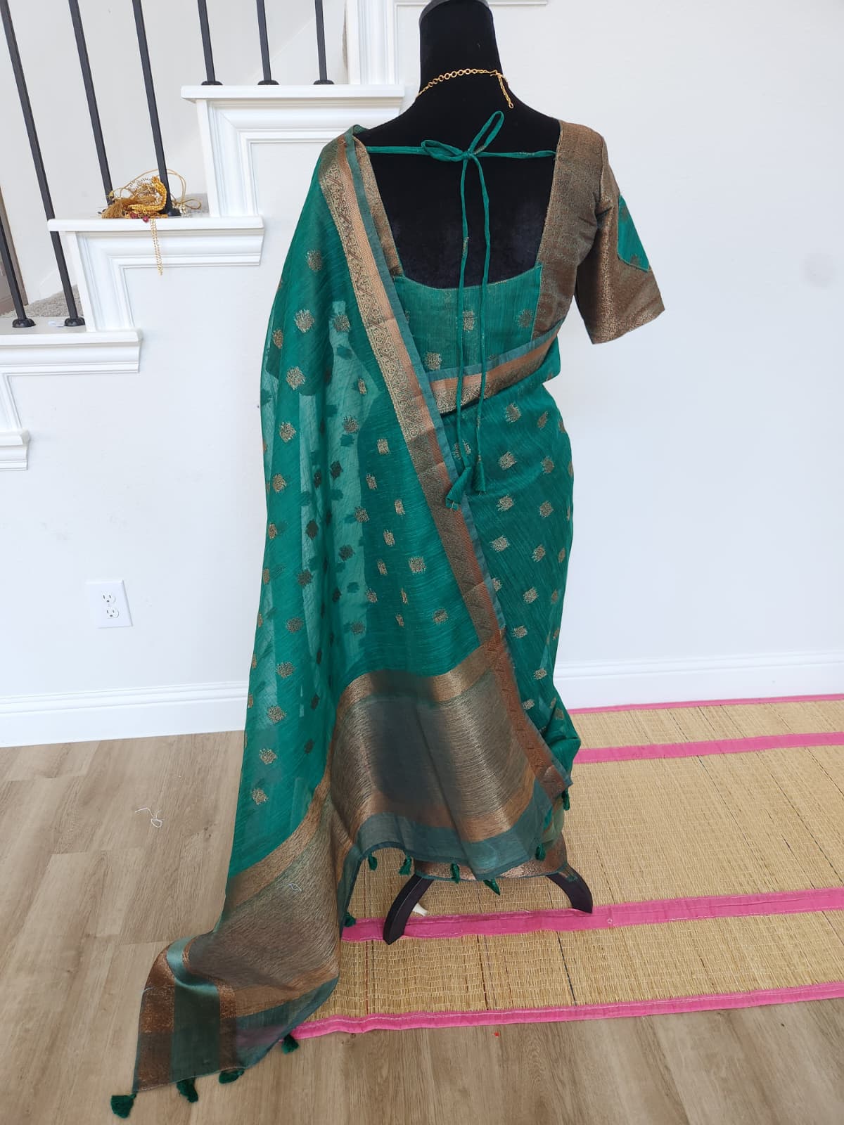✨ Premium Jute Banarasi Saree with Gap Border ✨ - Deep Teal/Peacock Green body with subtle antique-gold woven motifs