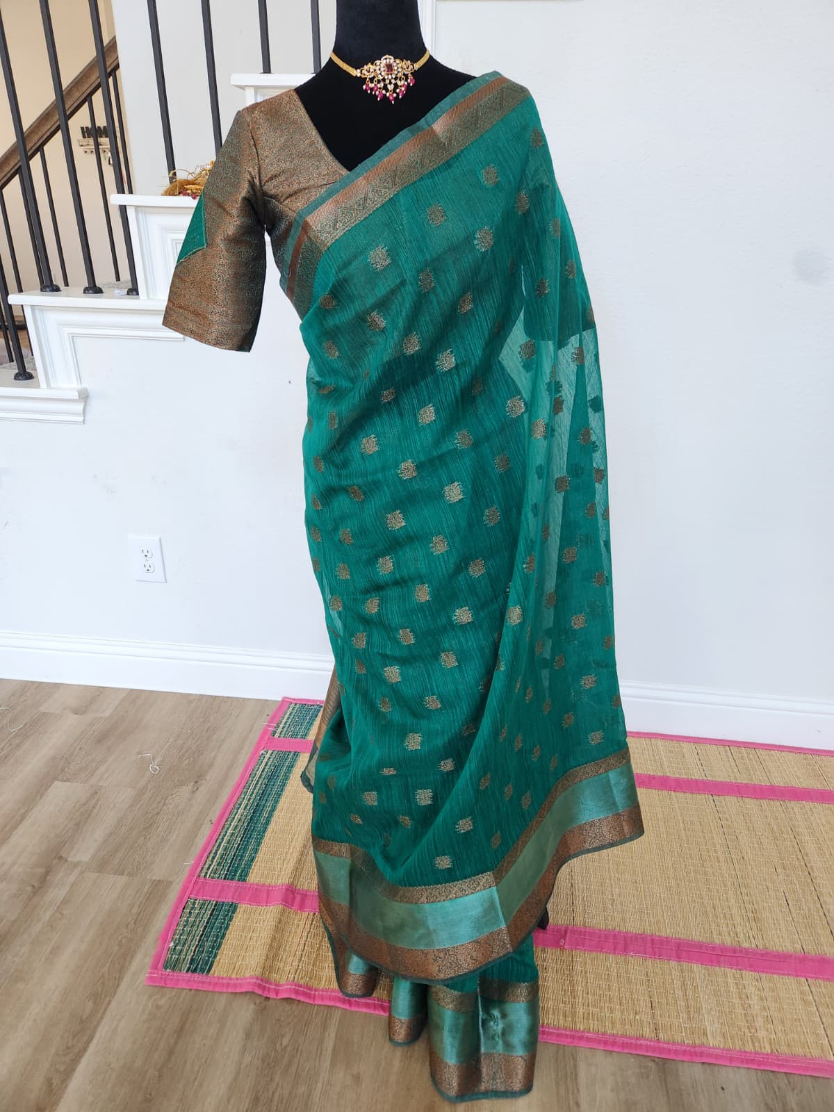 ✨ Premium Jute Banarasi Saree with Gap Border ✨ - Deep Teal/Peacock Green body with subtle antique-gold woven motifs