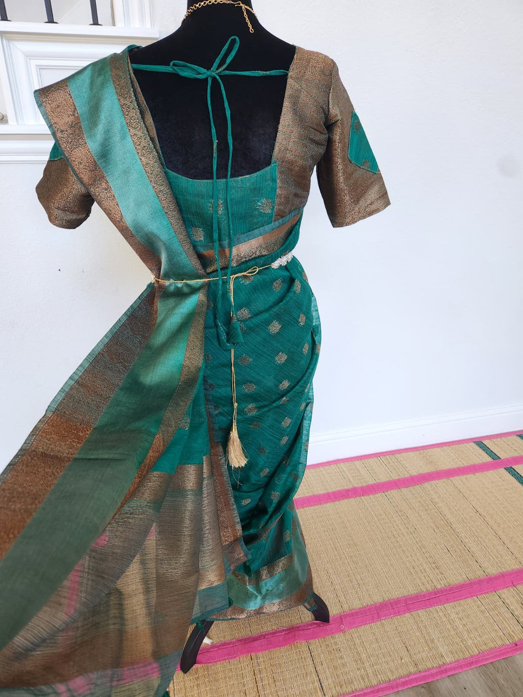 ✨ Premium Jute Banarasi Saree with Gap Border ✨ - Deep Teal/Peacock Green body with subtle antique-gold woven motifs