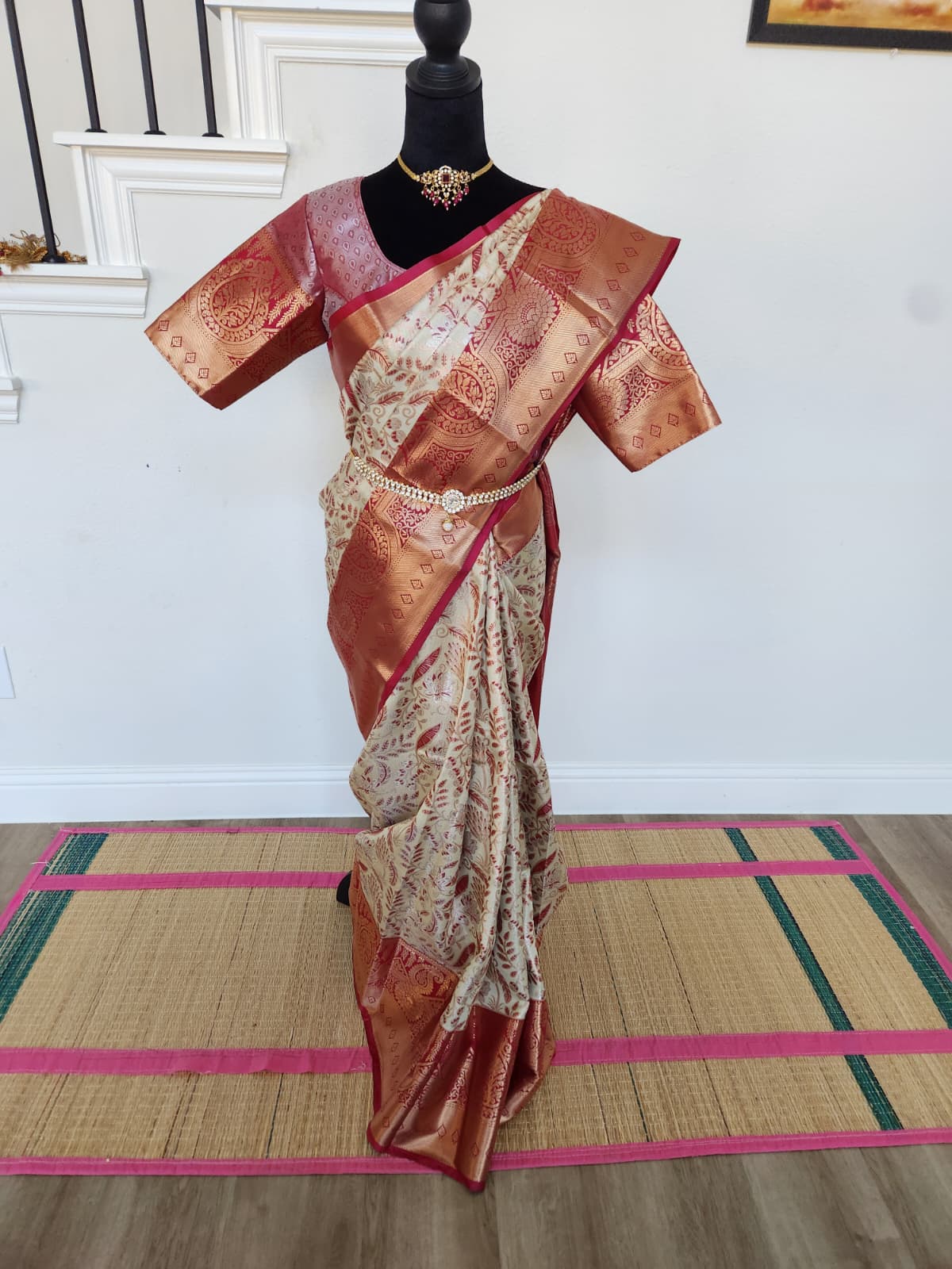 ✨ Premium Kanchipuram Silk Saree – Handpicked Collection ✨ - Ivory/cream body with elegant maroon-red woven floral motifs