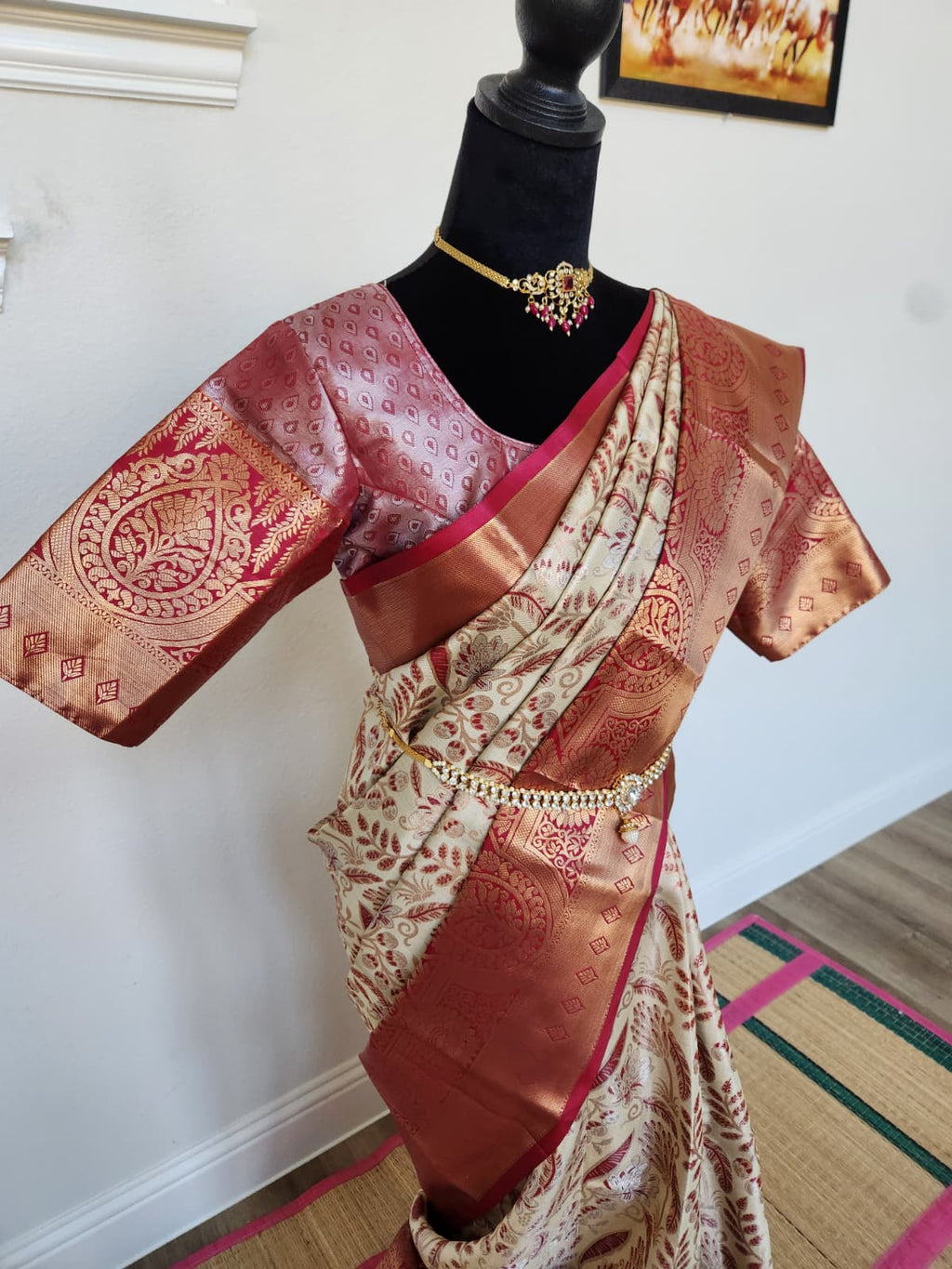 ✨ Premium Kanchipuram Silk Saree – Handpicked Collection ✨ - Ivory/cream body with elegant maroon-red woven floral motifs