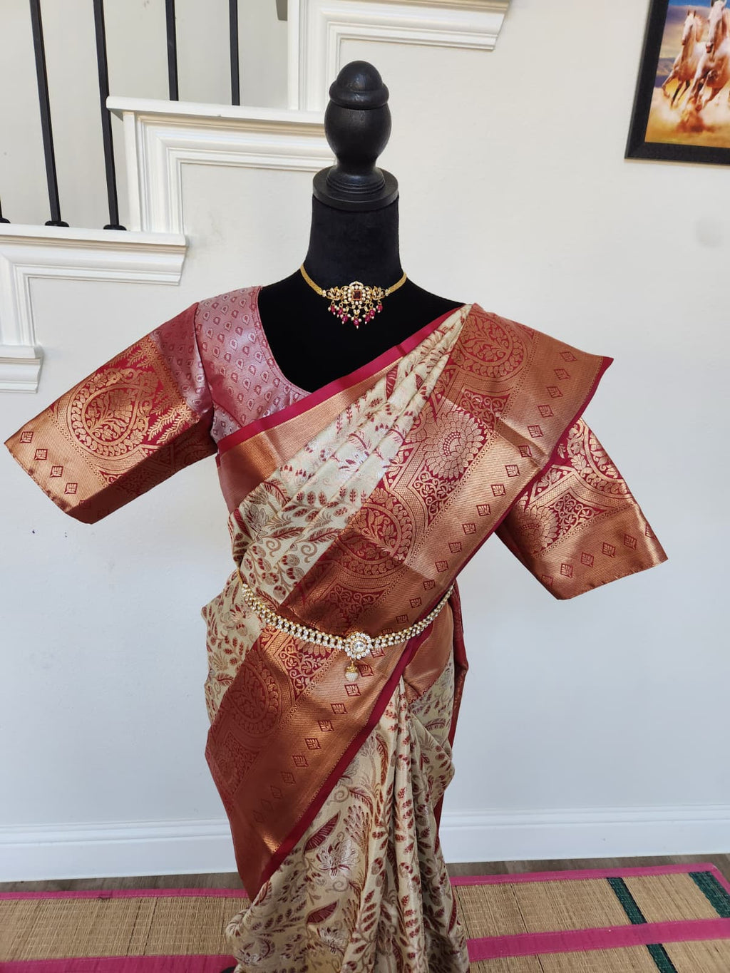 ✨ Premium Kanchipuram Silk Saree – Handpicked Collection ✨ - Ivory/cream body with elegant maroon-red woven floral motifs