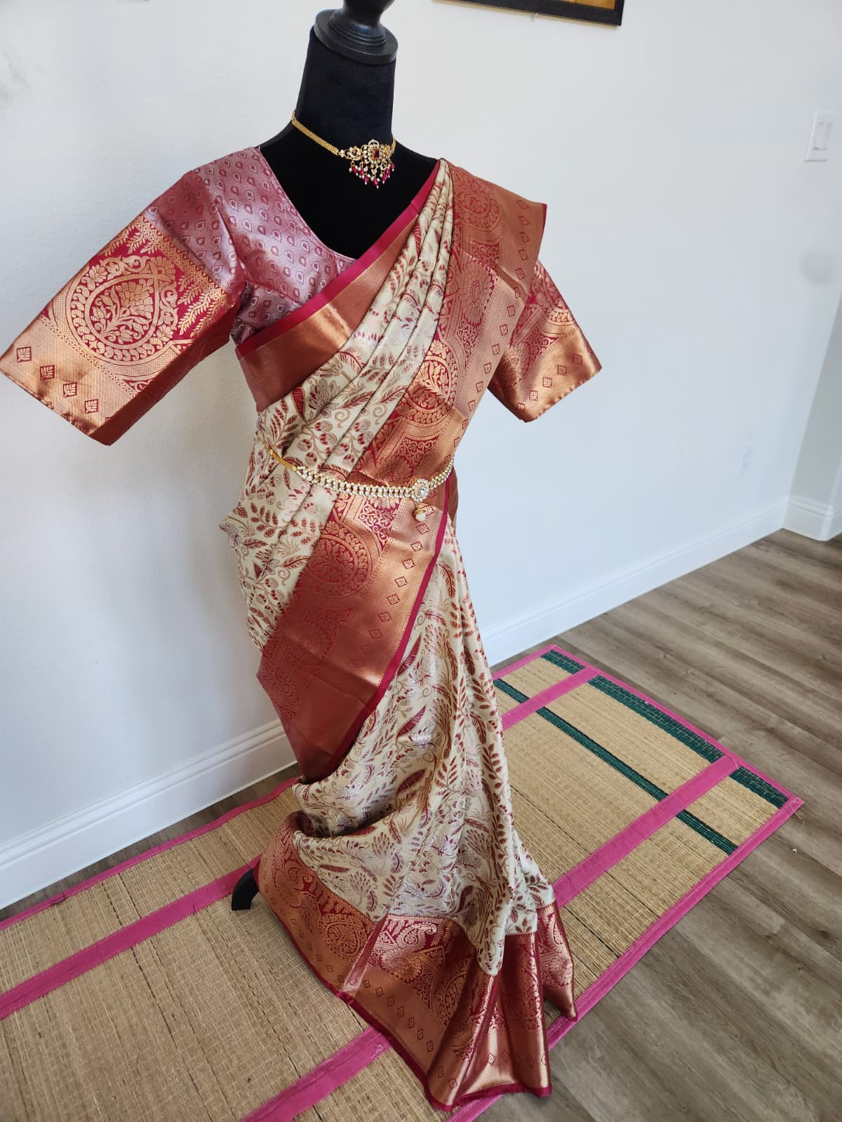 ✨ Premium Kanchipuram Silk Saree – Handpicked Collection ✨ - Ivory/cream body with elegant maroon-red woven floral motifs