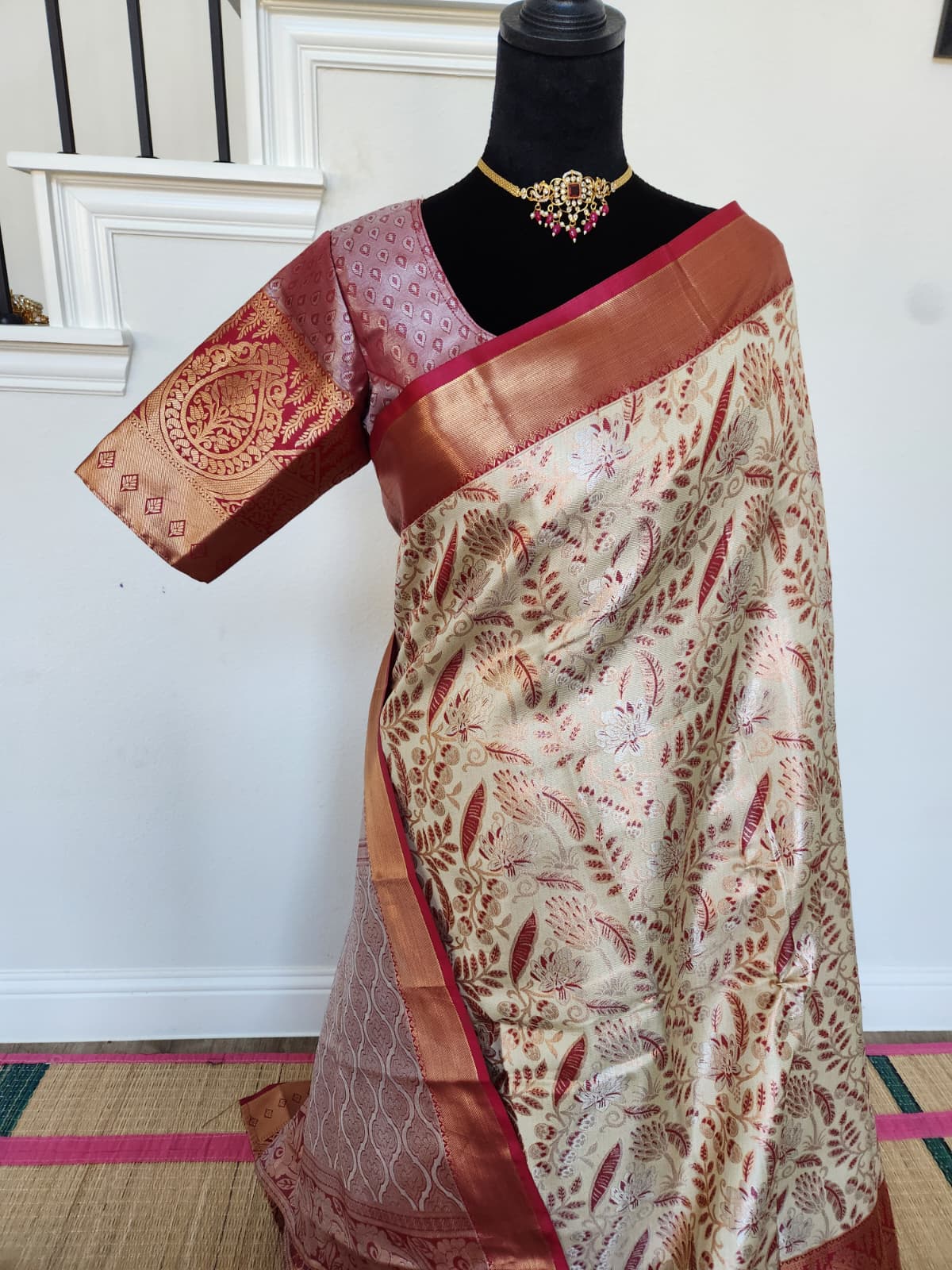 ✨ Premium Kanchipuram Silk Saree – Handpicked Collection ✨ - Ivory/cream body with elegant maroon-red woven floral motifs