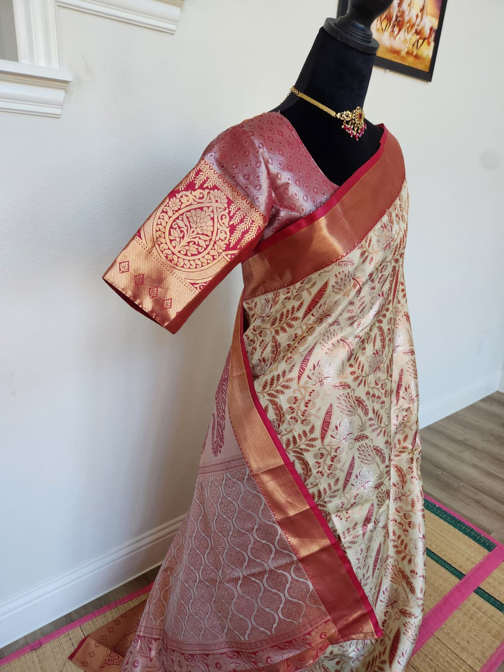 ✨ Premium Kanchipuram Silk Saree – Handpicked Collection ✨ - Ivory/cream body with elegant maroon-red woven floral motifs