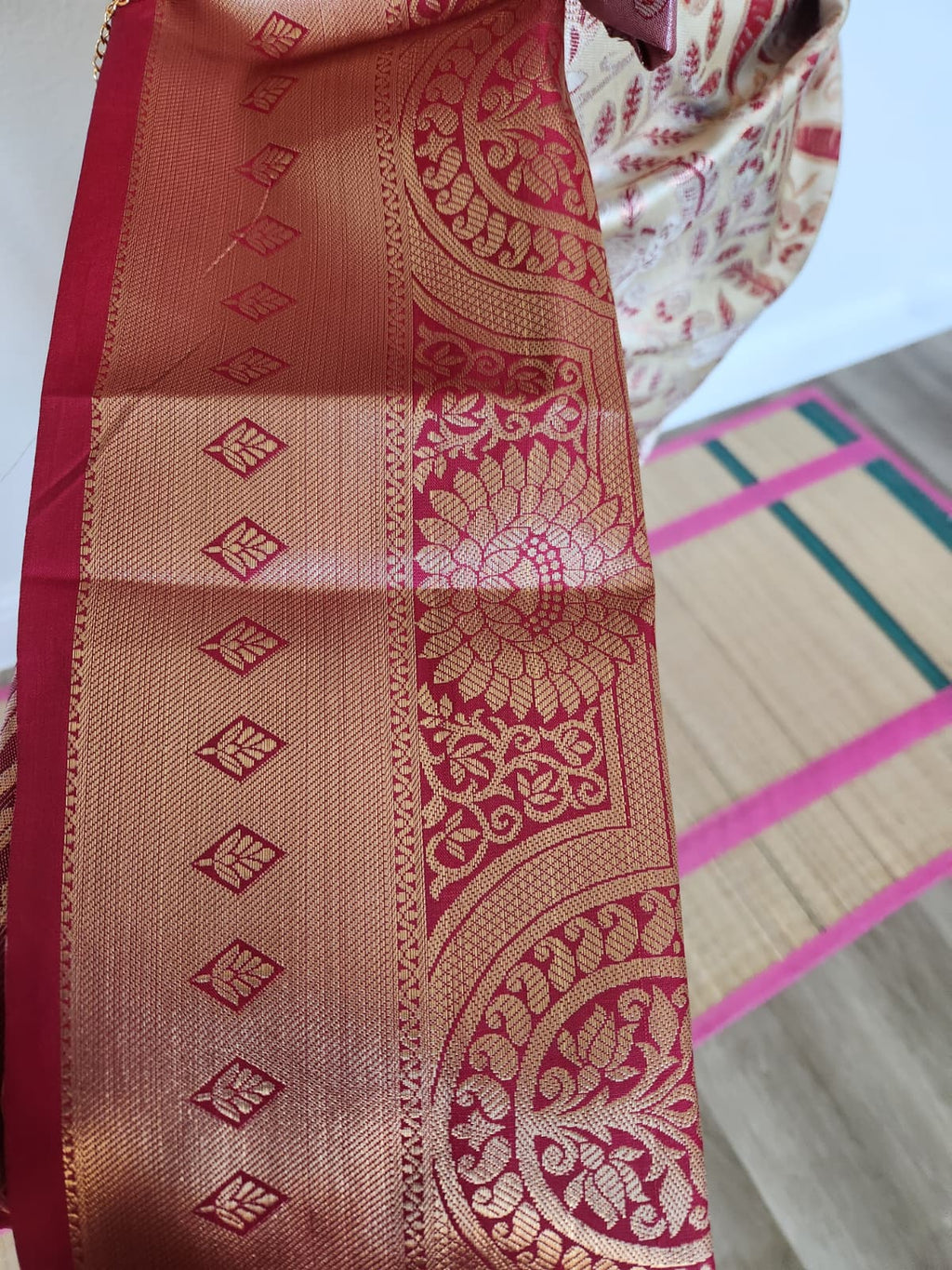 ✨ Premium Kanchipuram Silk Saree – Handpicked Collection ✨ - Ivory/cream body with elegant maroon-red woven floral motifs
